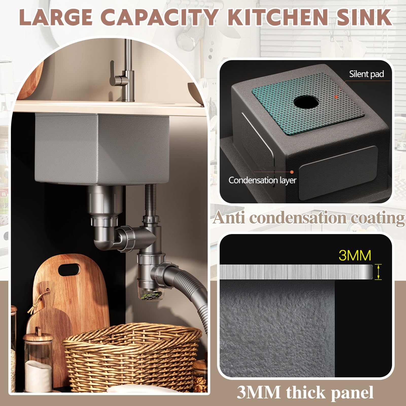 Lavello da Incasso Quadrato in Acciaio Inox, Vasca Singola, lavello Compatto per Piccole cucine, salvaspazio, Superficie con Rivestimento Nano con Kit di Scarico (Argento, 55x40 cm)