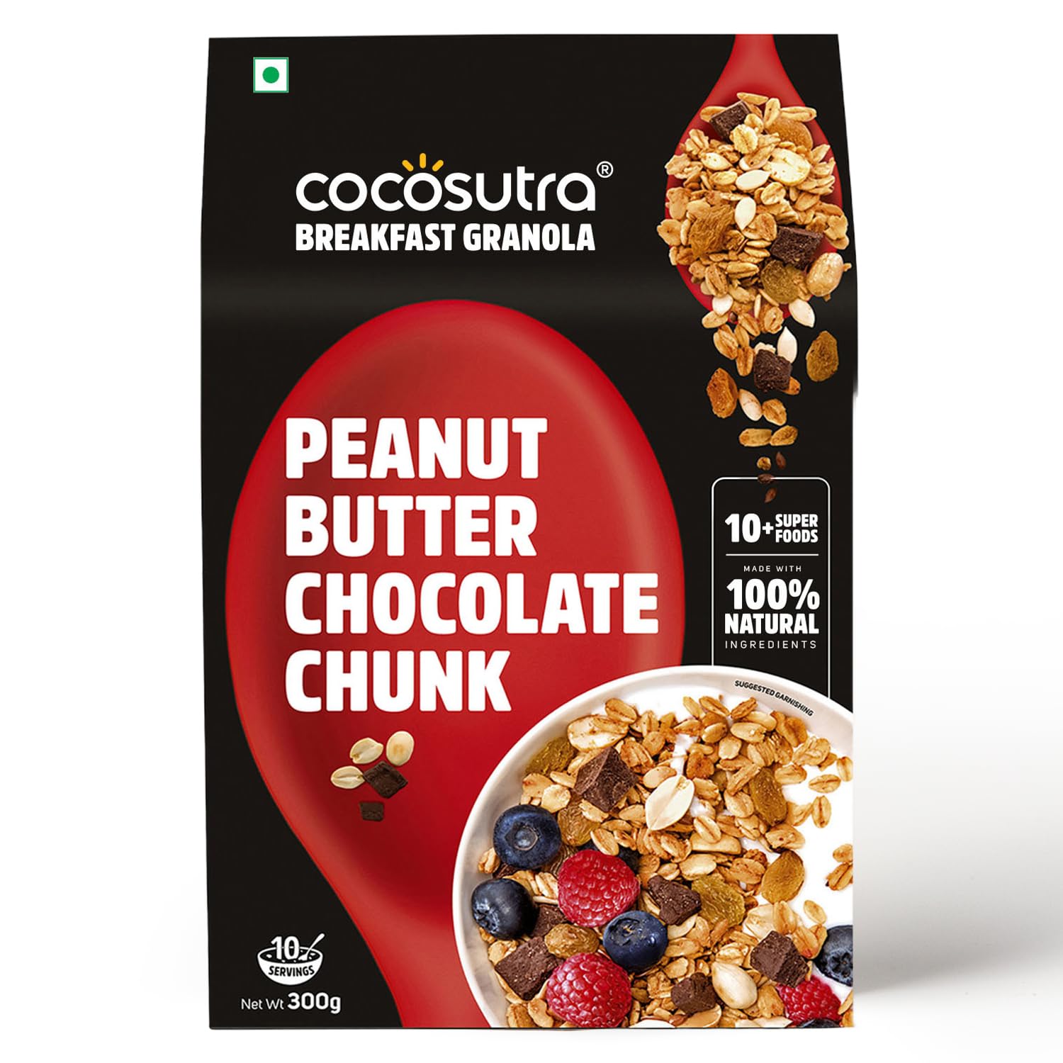 Cocosutra Peanut Butter Chocolate Chunk Breakfast Granola - 300 g | Made with natural ingredients | High Protein Cereal with Oats, Nuts, Seeds & Dry Fruits | Lightly sweetened with Jaggery