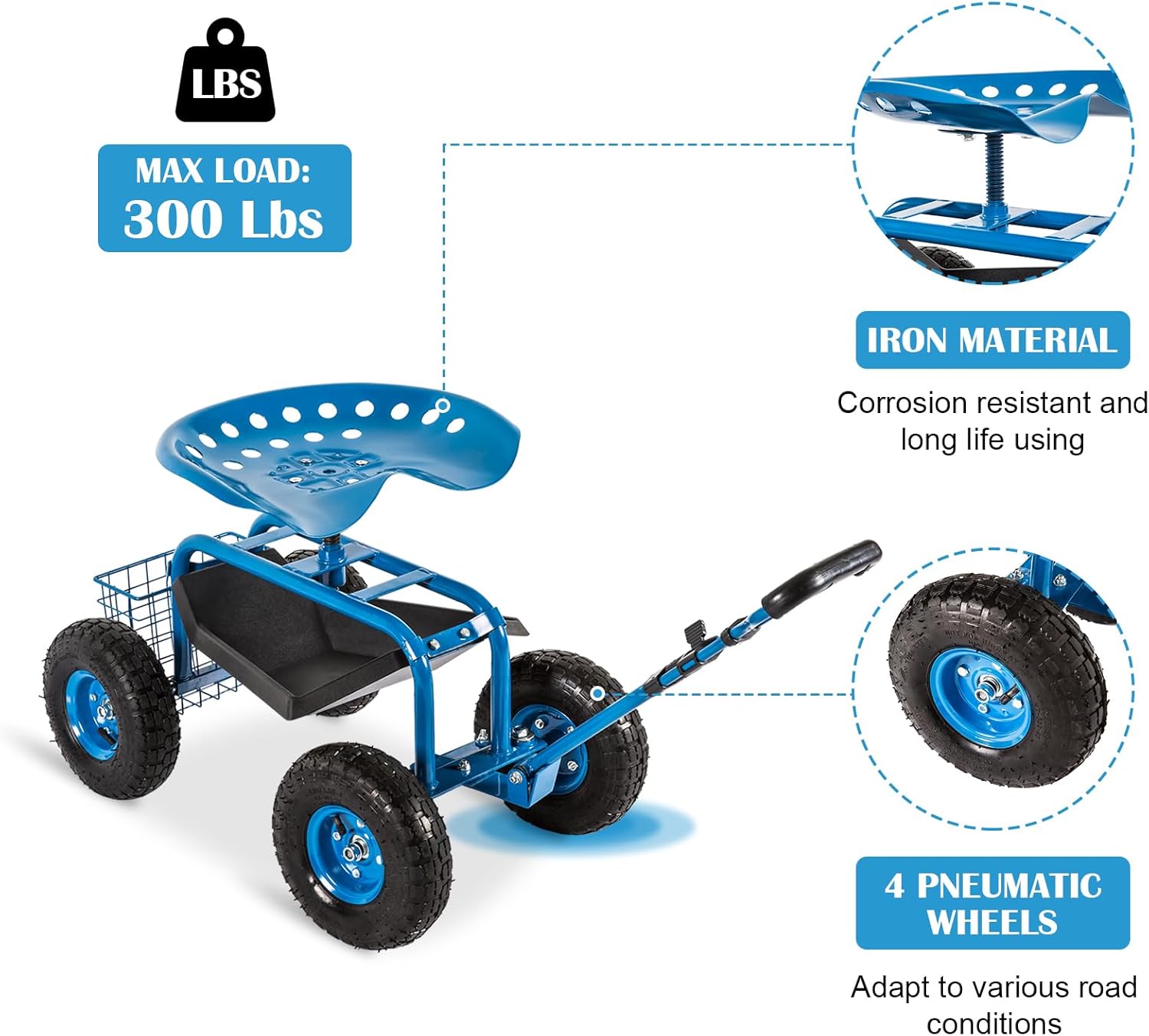 FIZZEEY Gardening Workseat - Rolling Garden Cart Work Seat w/360 Degree Swivel Adjustable Seat, Storage Basket, Steering Handle, 4 Wheels, Garden Scooter for Planting