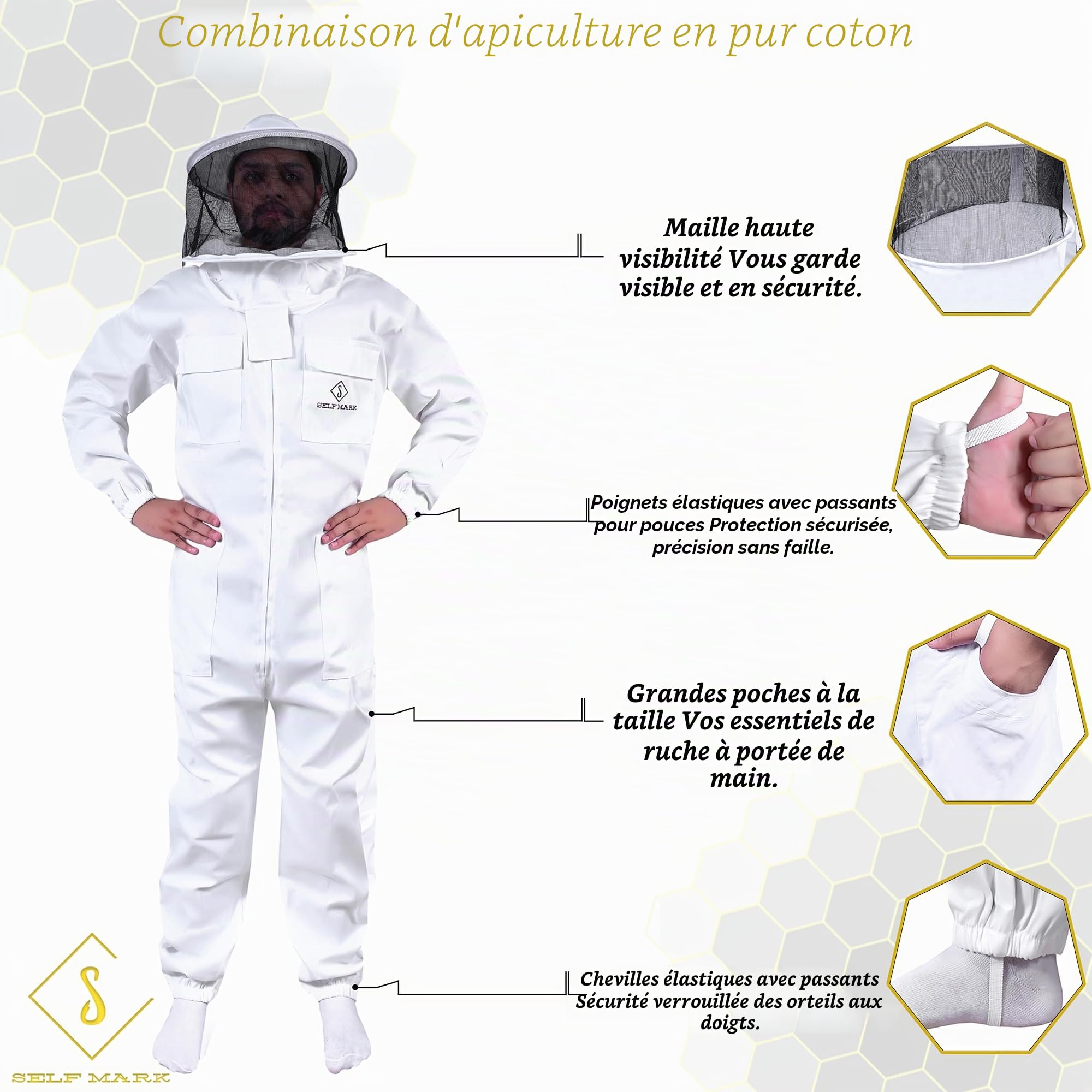 Bee Suit – Vêtement d'apiculteur professionnel complet en polycoton pour homme et femme (Voile rond, XXL)