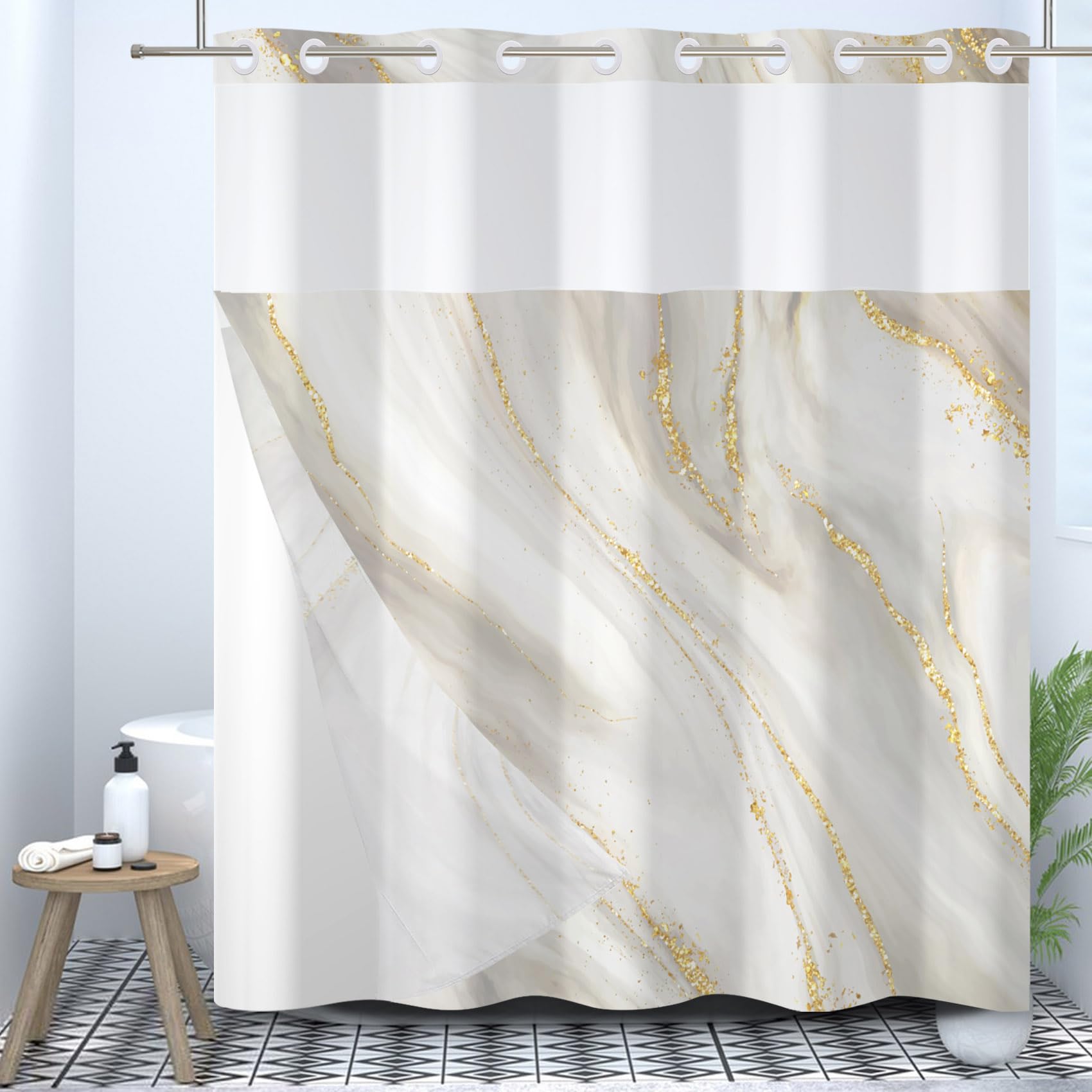Cortina de Ducha Ganchos, con Forro Interior a presión, Doble Capa, Lujosa, Gris Dorado mármol, Decorativa para baño, con Ventana Superior Transparente, 180x210cm