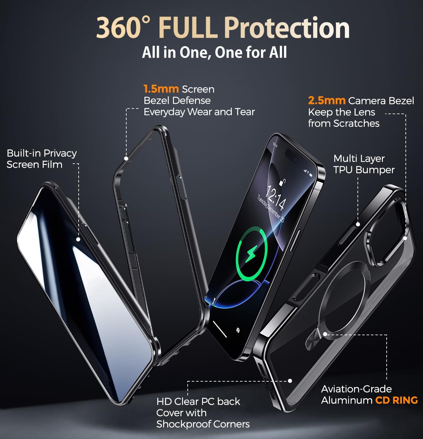 [CD Metal Ring Stand + Built-in Privacy Screen Protector] Magnetic Case for iPhone 16 Pro Max 6.9" [Soft Bumper Full Signal] [Compatible with MagSafe] 9H Glass Full Body Shockproof Clear Case, Black