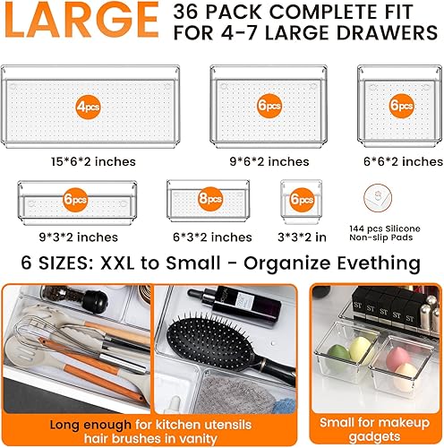 Miniatura 9 de Paquete de 26 bandejas organizadoras de cajones de plástico transparente grandes, separadores de acrílico para organización de cajones de cocina y