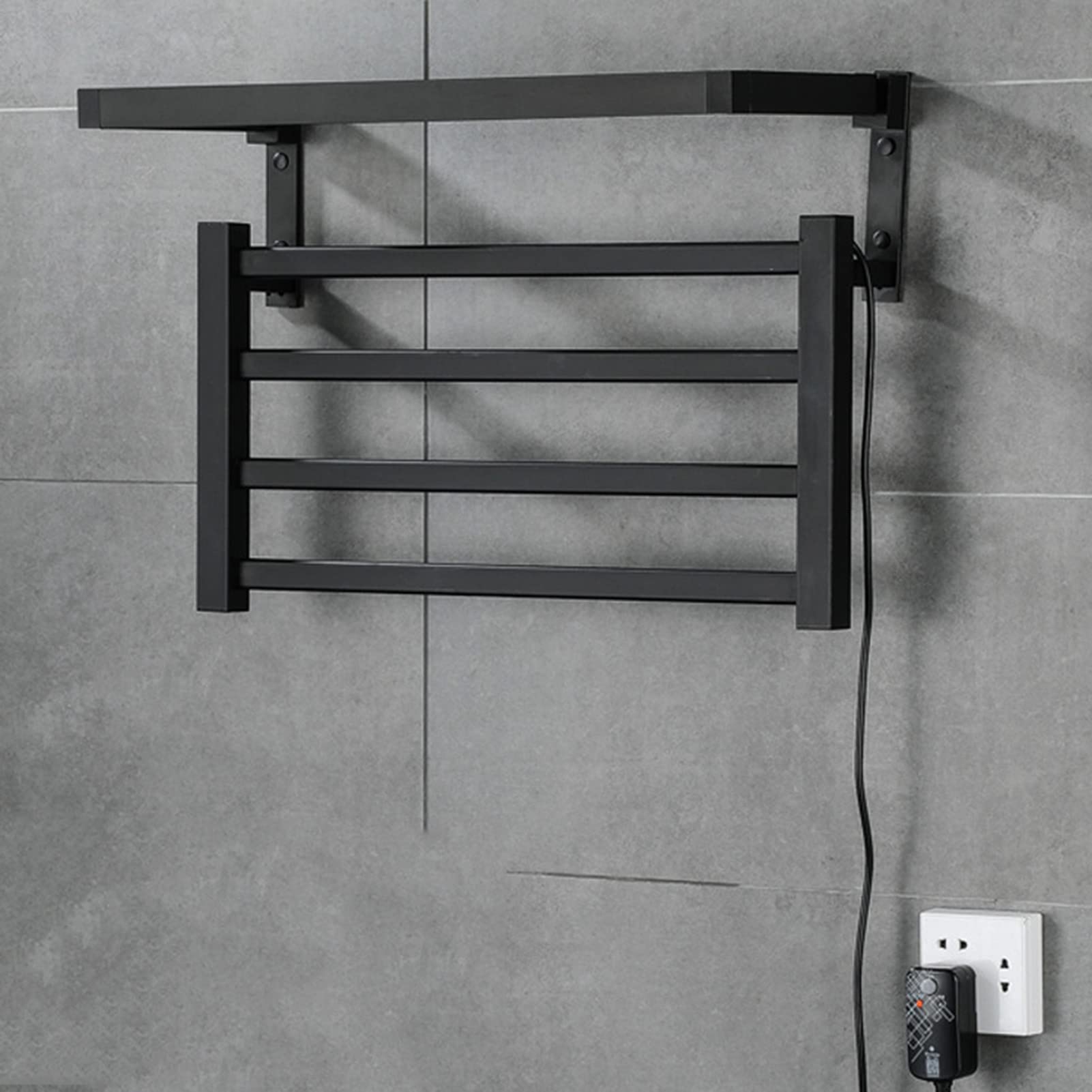 Toallero eléctrico negro con estante plegable y termostato para baño moderno