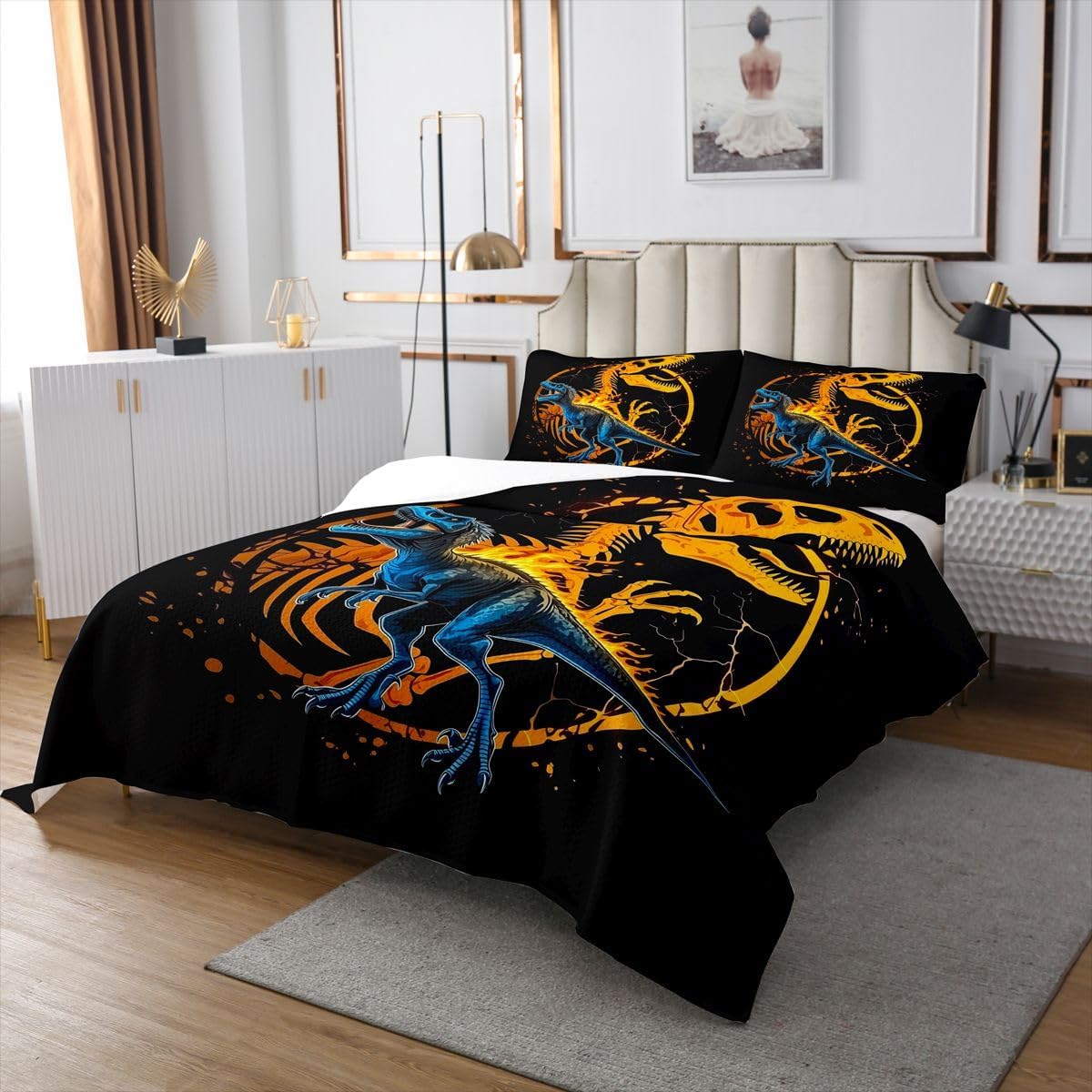 Homewish Blue Dinosaur Quilt Sets King Size,Flaming Dinosaur Bones Bedspread Coverlet 3Pcs for Woman Men Adults Room Decor,Anicent Tale Bedding QuiltsWild Animals Comforter Set,2 Pillowcases