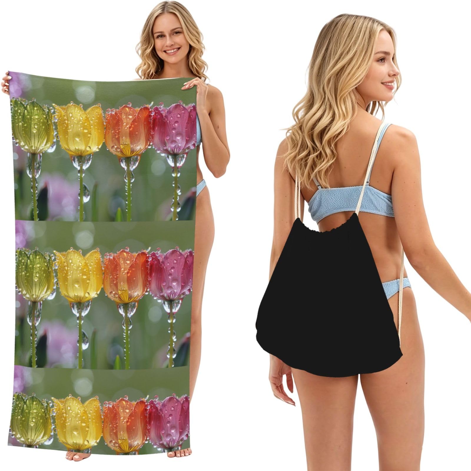 SKGOHLH Glass flowers 2in1 Packable Beach Towel Bag Women