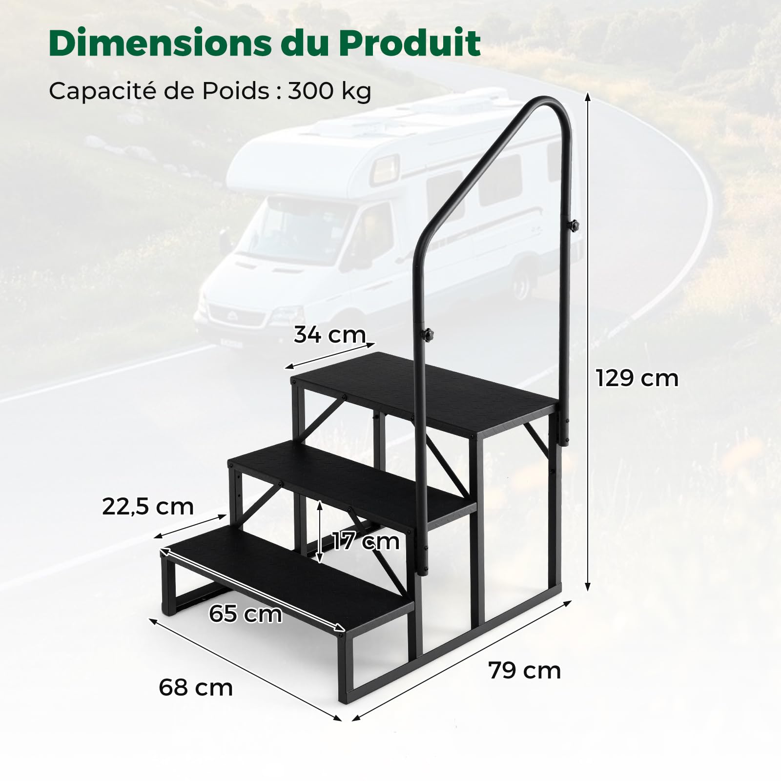 COSTWAY Marchepieds pour Camping-Cars 3 Marches avec Main Courante, Escabeau avec Larges Plateformes Antidérapantes, Escalier pour Porche Maison Mobile Piscine, Charge 300 kg