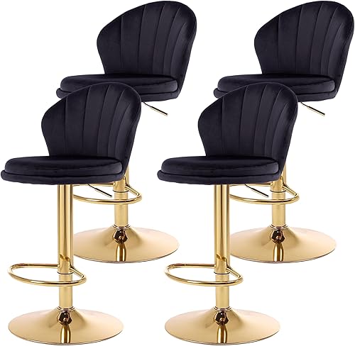 Juego de 4 taburetes de bar giratorios, taburetes de bar ajustables de altura de mostrador, sillas de bar tapizadas de terciopelo con respaldo,