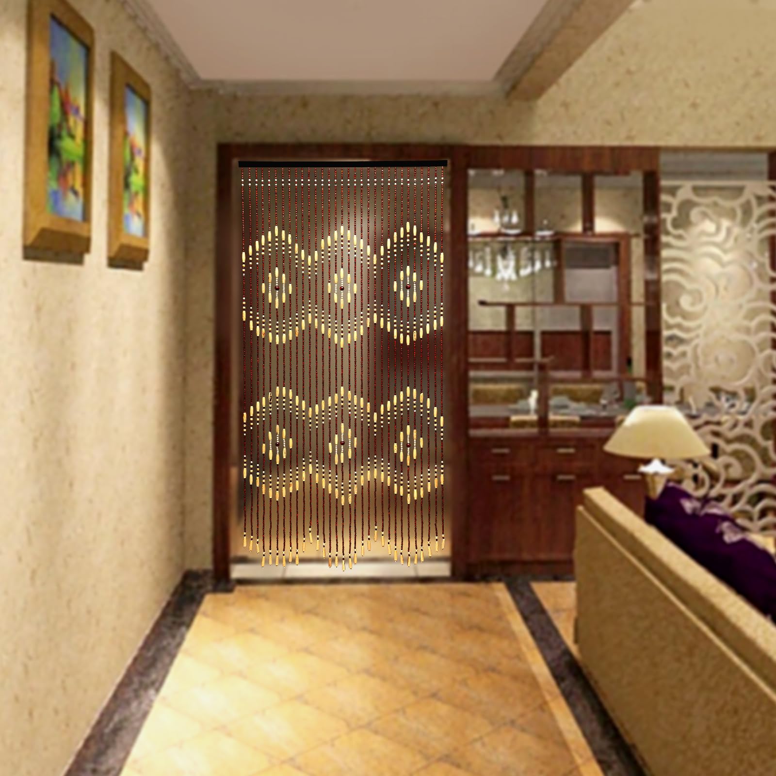 MINRS Tenda per porta, tenda decorativa, tenda in perle di bambù e legno, misure 90 x 175 cm, tenda in legno e bambù per porte in soggiorni, balconi, cortili, uffici, Beige e Marrone