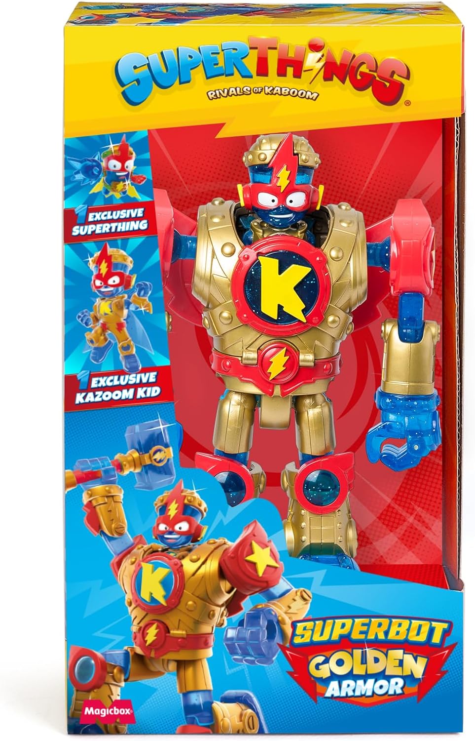 SUPERTHINGS Superbot Kazoom Power Golden Armor – Articulated Kazoom Power Robot Equipped with Golden Armor and Combat Accessories. Includes 1 Exclusive Kazoom Kid and 1 Exclusive Hero SuperThing