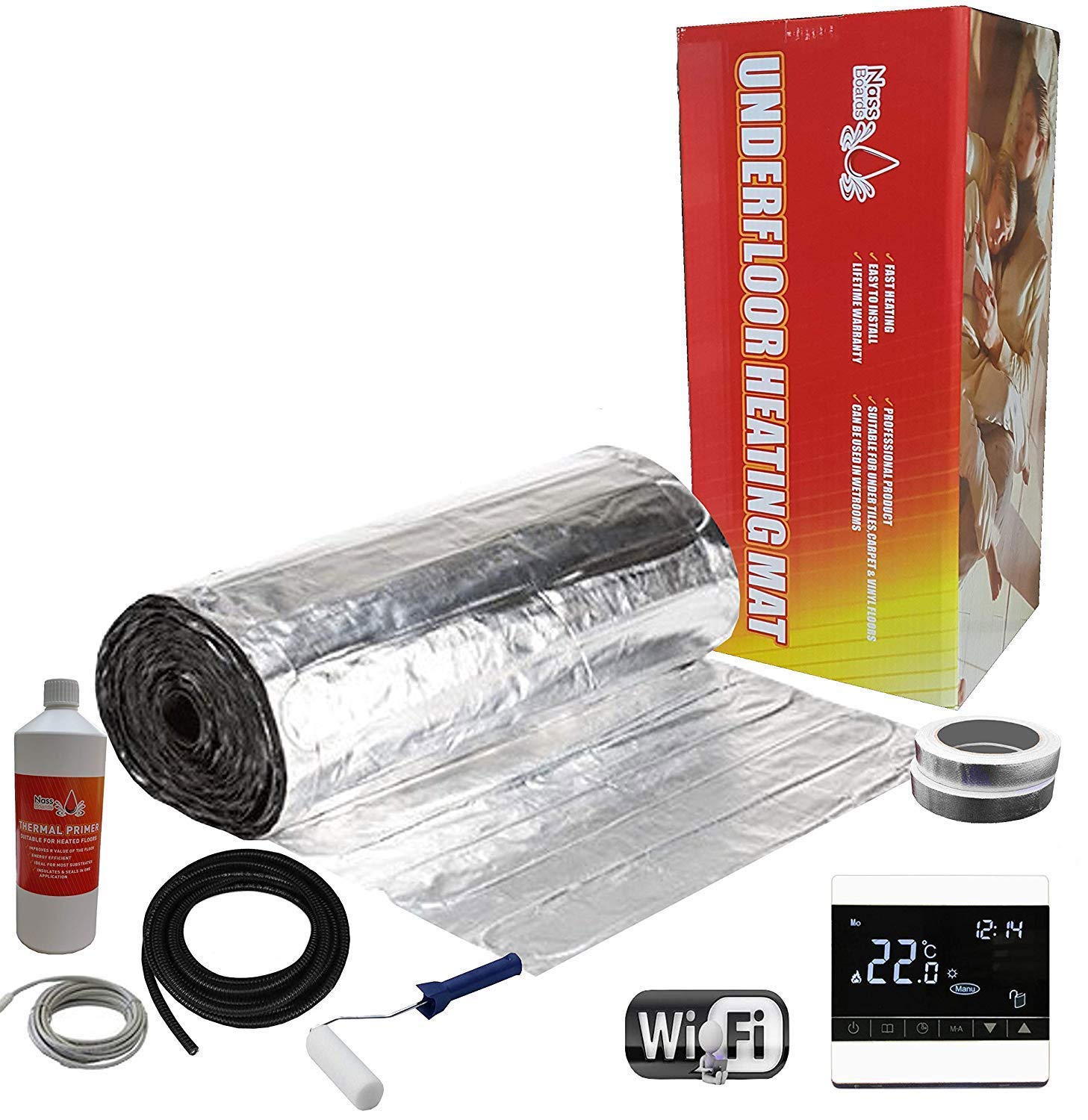 Nassboards White Wifi Thermostat Electric Underfloor Heating Kit 150W - 12M²