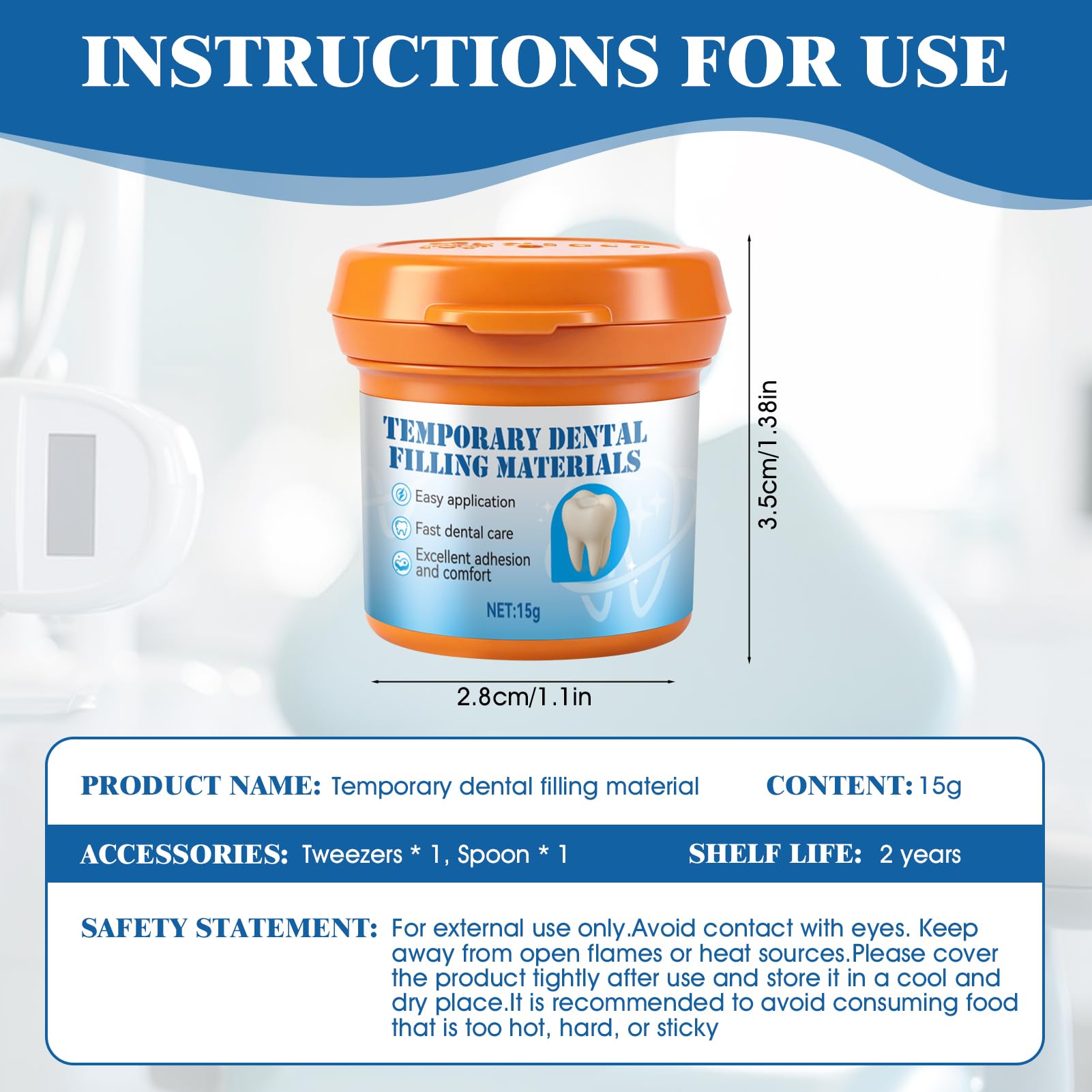 Cemento Dental Temporal, Kit de Relleno para Caries, 15g