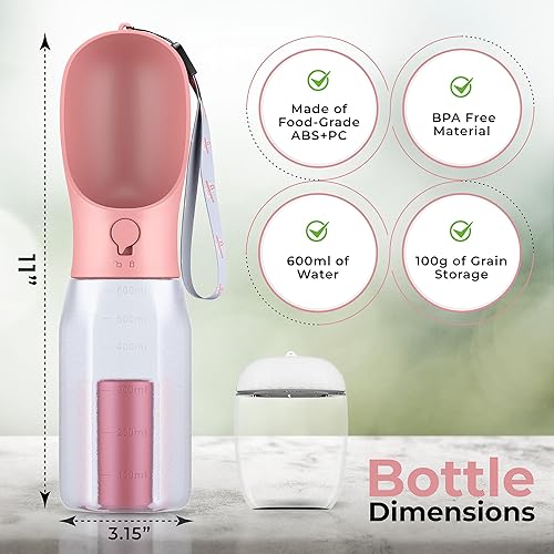 Miniatura 2 de Botella de agua para perros  Botella de agua portátil para mascotas con contenedor de alimentos y dispensador de bolsas de excrementos, ligera, a