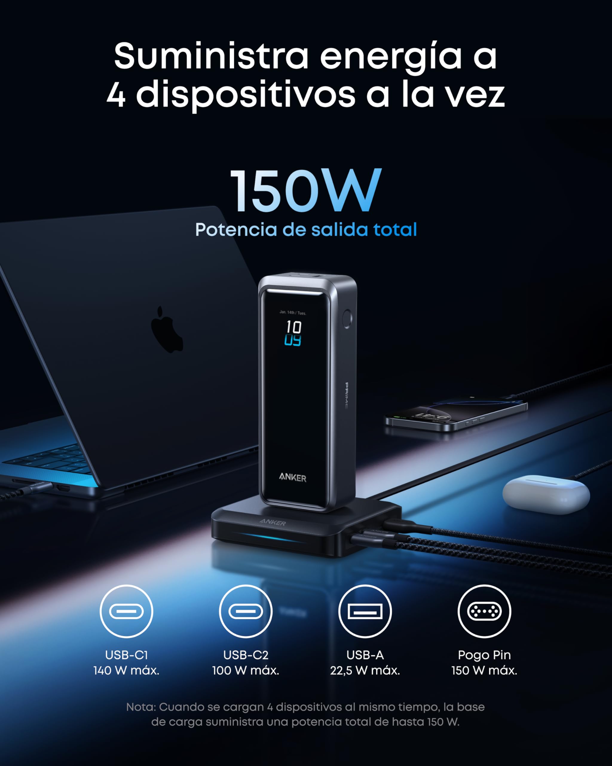 Anker Base de Carga 150 W máx., 3 Puertos para Anker Prime | Carga rápida, compatible con MacBook Pro Air, DELL, iPhone 17/16/15 y Samsung. Powerbank no incluido