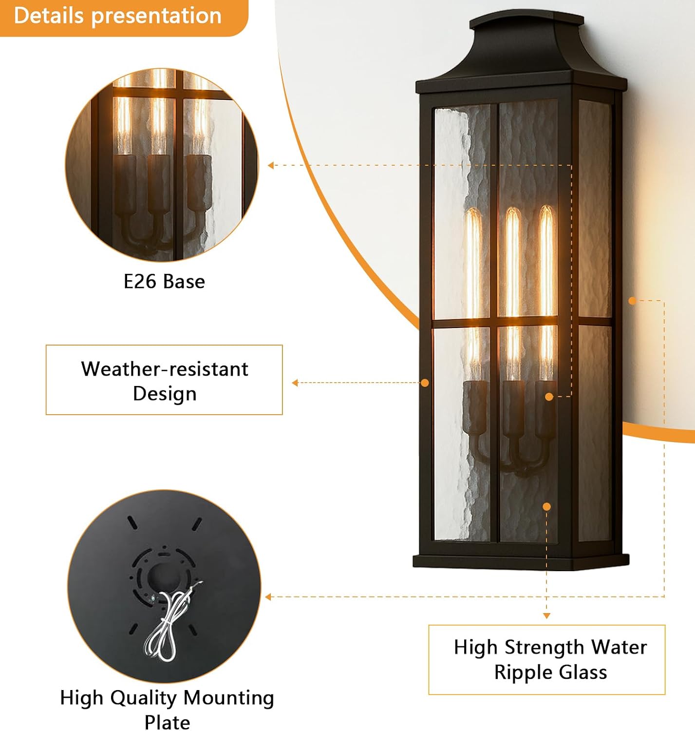 32" Extra Large 3-Light Outdoor Wall Lights, E26 Base, Heavy-Duty Black Exterior Wall Lantern with Glass, Modern Porch Lights Outdoor for Entryway, Garage & Outdoor Lights for House