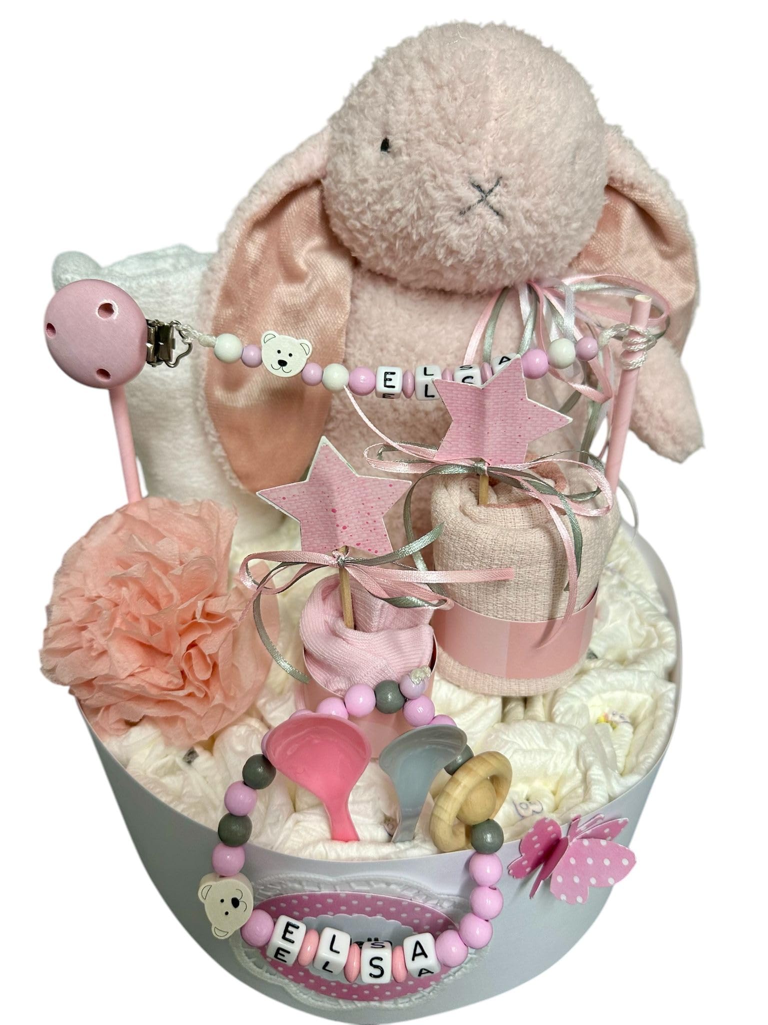 Sinchns Bastelzauber Windeltorte - Kuscheltiere - Geschenk, Babyparty, Geburt, Taufe, Babygeschenk (Rosa Weiss) - Windelgeschenkkorb - 36 Stück - Medium - Größe 3 - Neugeboren - Unisex