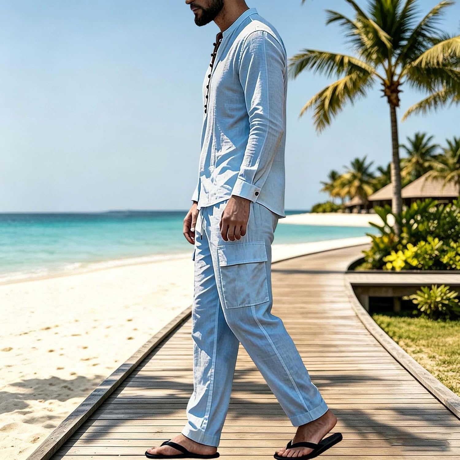 Mens Casual Two Piece Set Henley Shirt and Cargo Pants Outfit
