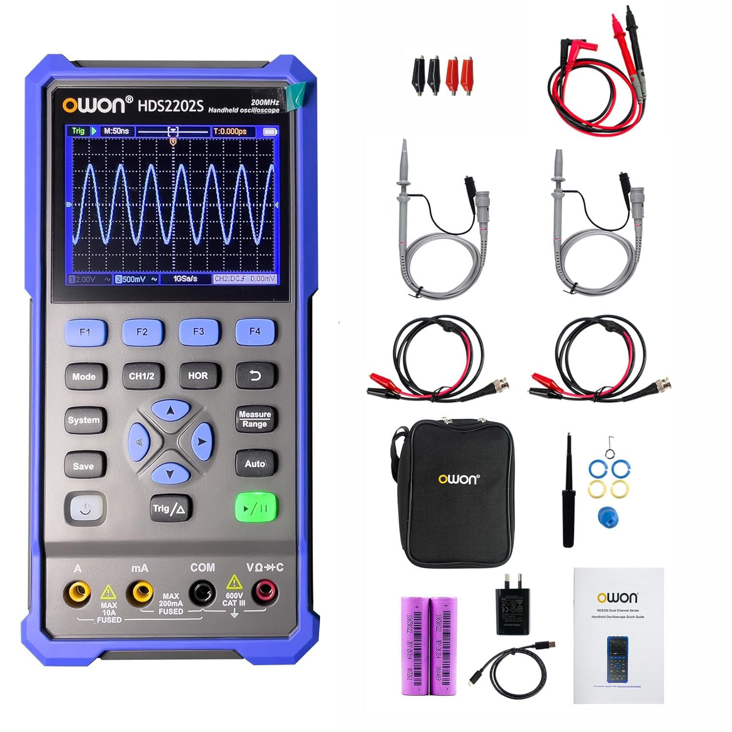 Multímetro osciloscopio portátil, 2 canales, ancho de banda de 200 MHz, frecuencia de muestreo de 1 GS/s, 20 000 cuentas, osciloscopio automotriz digital portátil 3 en 1 (OWON-HDS2202S-01S)