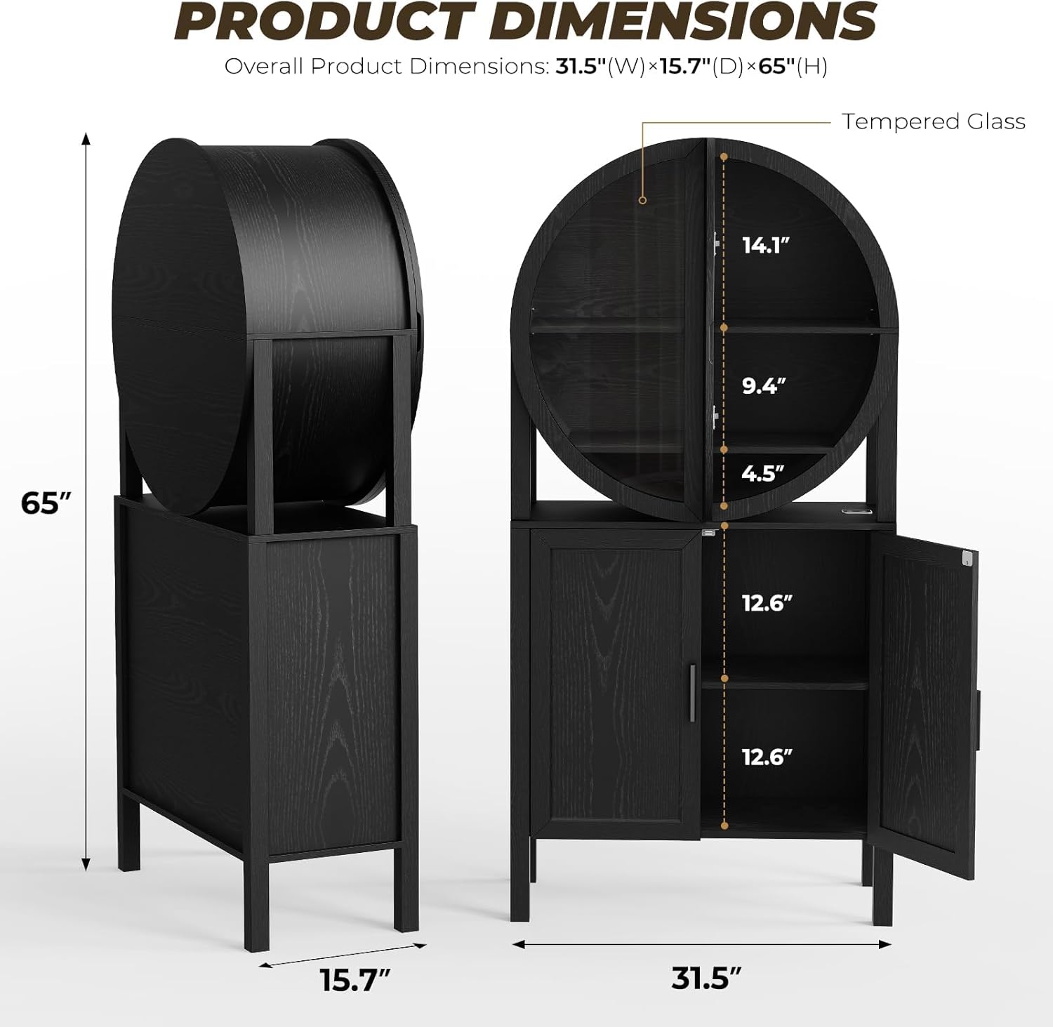 Rounded Bar Cabinet with Lights, 65" Curio Cabinets with Unique Design, Wine Display Cabinet with Glass Doors & Shelves, Kitchen Pantry for Dining Room, Kitchen, Living Room, Black