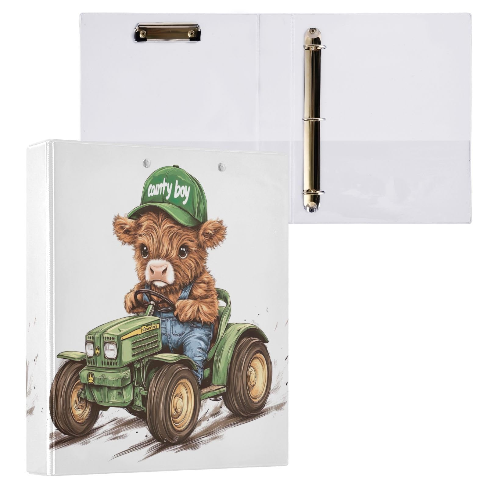 Confezione da 2 raccoglitori ad anelli con 3 anelli, motivo mucca delle Highland, colore bianco, con tasche, grandi, per scuola, università e ufficio