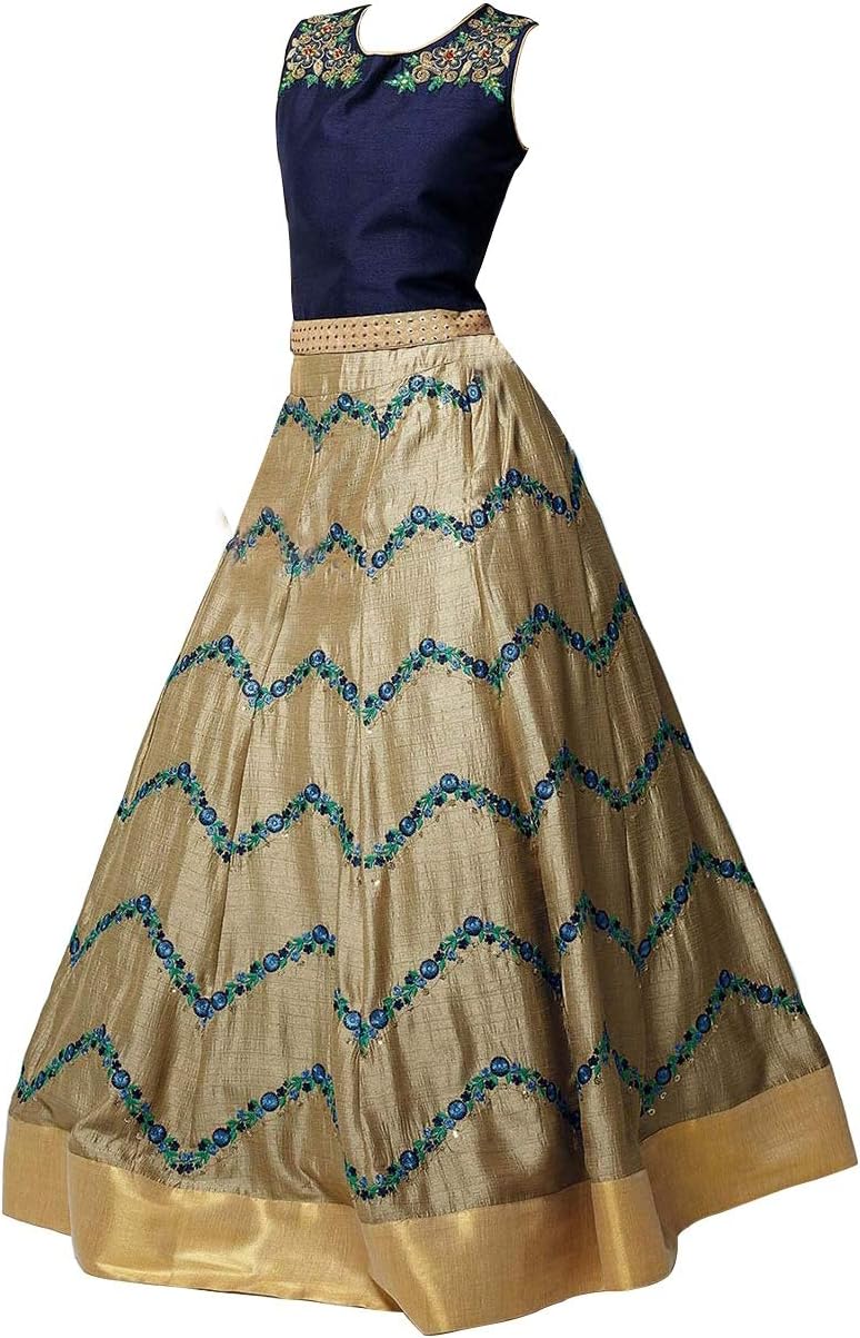 CARTYSHOP Girl's Blue And Beige Silk Embroidery Kali Style Flair ReadyMade Lahenga Choli