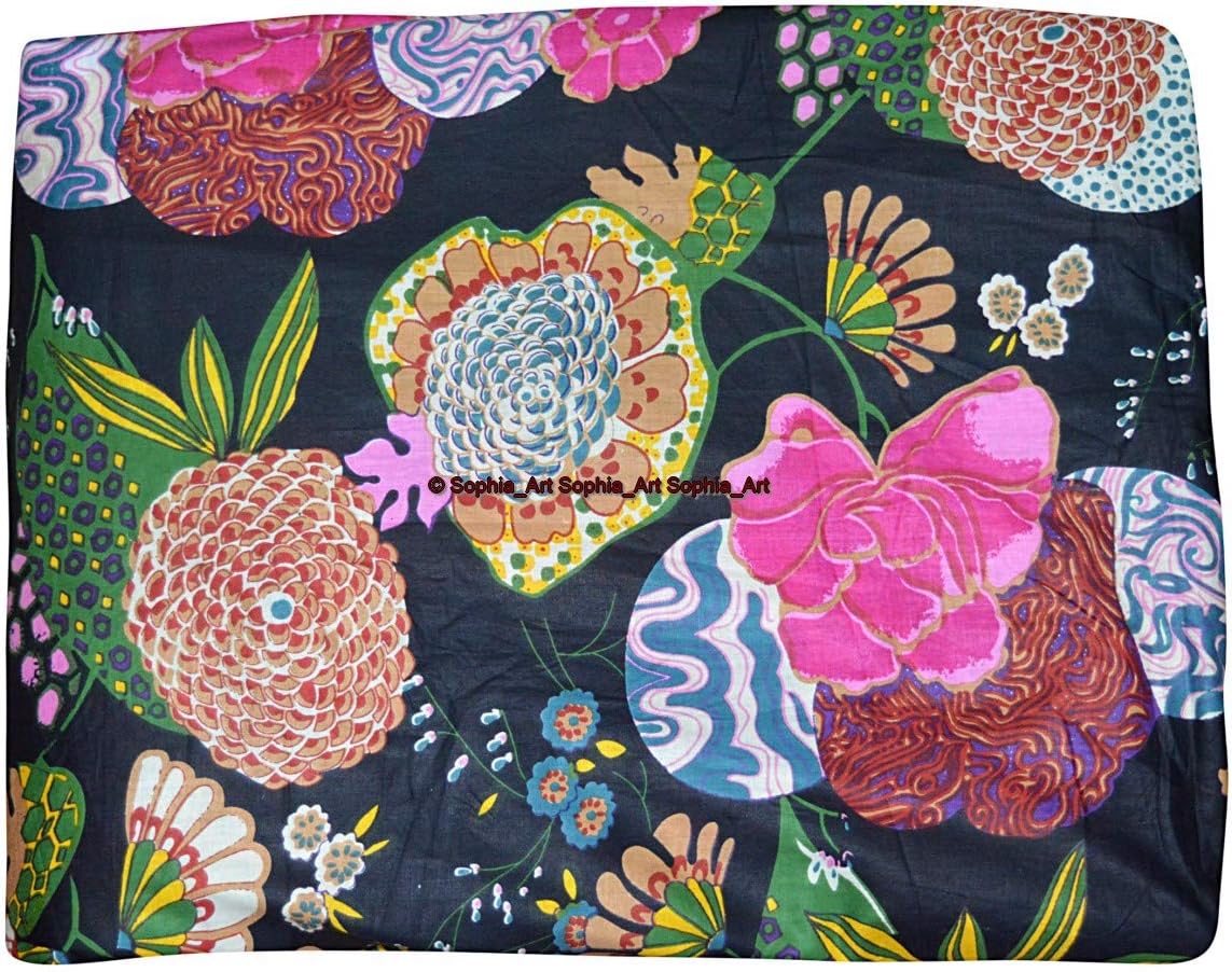 Indian Hand-Block Printed Jaipuri Flower Print Floral Ethnic Sanganer Kurti Print Cotton Fabric (Black Tropical, 3 Yard)