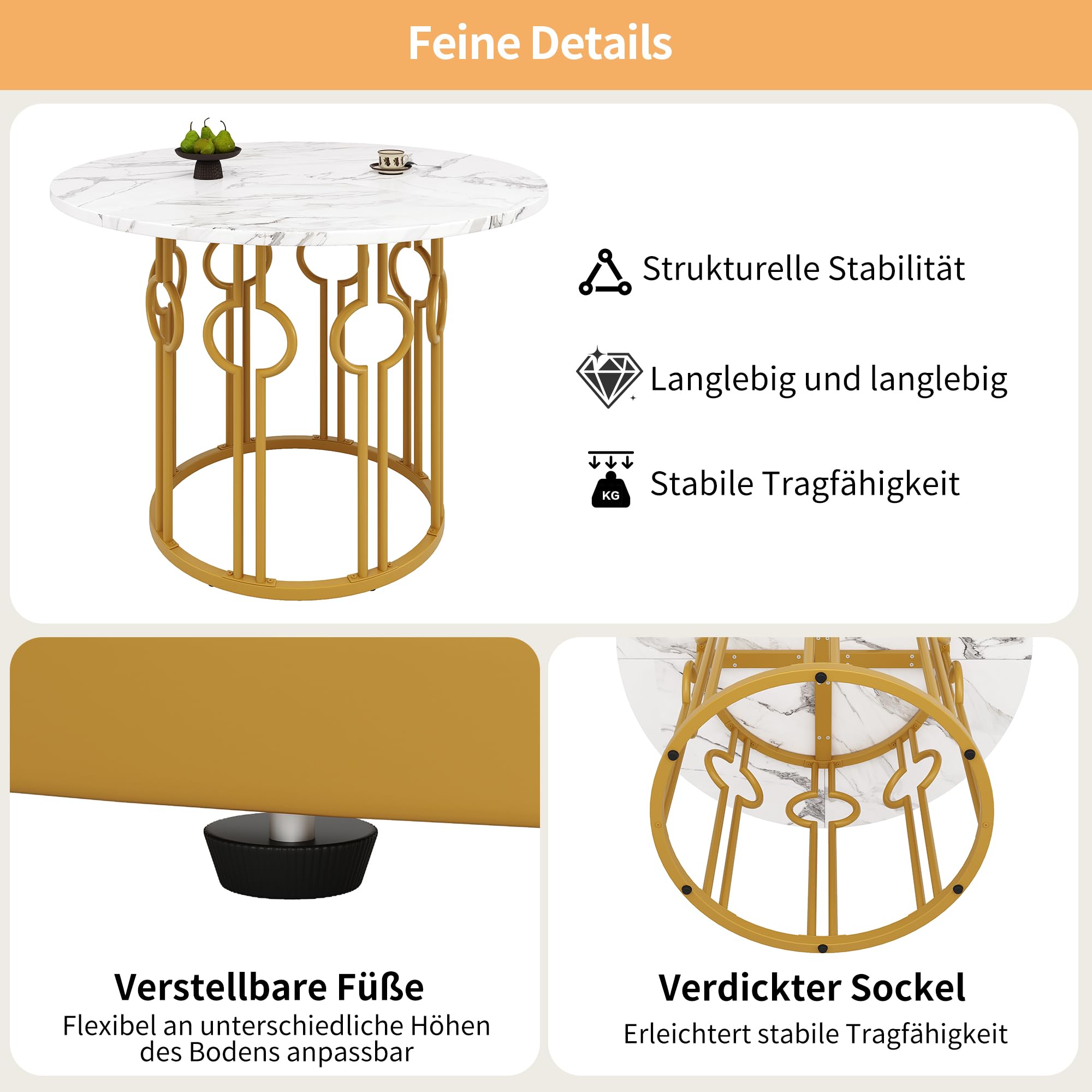 Merax Esstisch Runder 100cm, Moderner Küchentisch für 4-6 Personen, Esszimmertisch für Küchen, Wohnzimmer, Esszimmer, Büro, Künstlerisch geformte goldene Metallbeine, marmorierte MDF-Tischplatte
