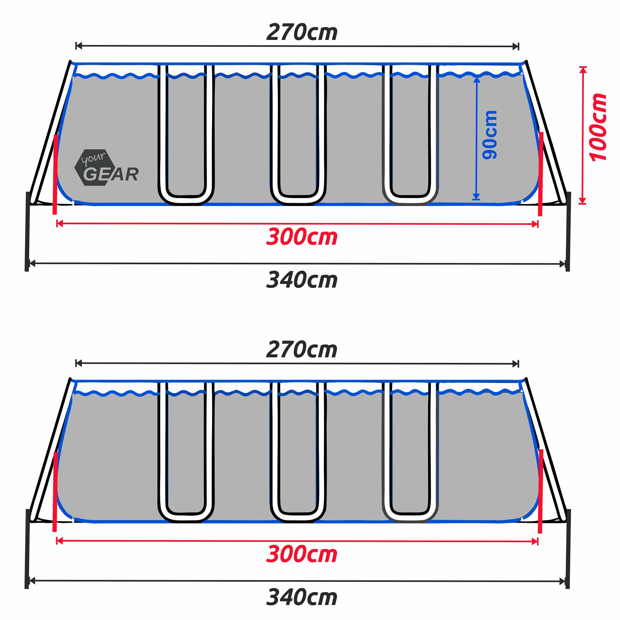 yourGEAR Piscina Familiar XL 3x3m - Piscina de Jardín con Marco de Acero Duradero, 8100L