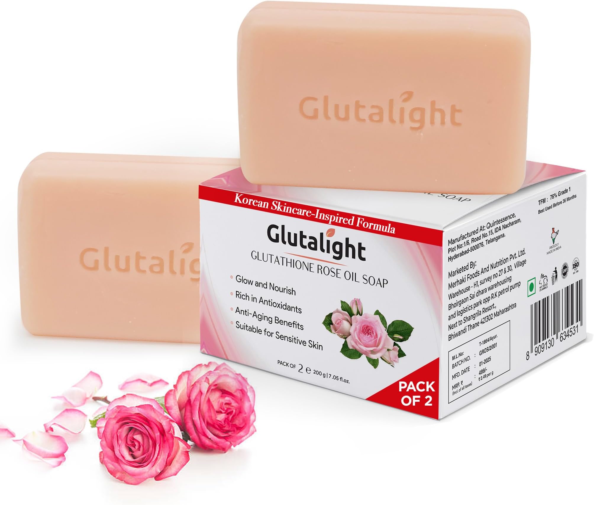 Glutathione Rose Oil Soap | Korean Skincare Bathing Soap with Niacinamide, Vitamin C & Rosehip Oil | Fades Dark Spots & Hyperpigmentation | Anti-Aging & Skin Repair | Pack of 2
