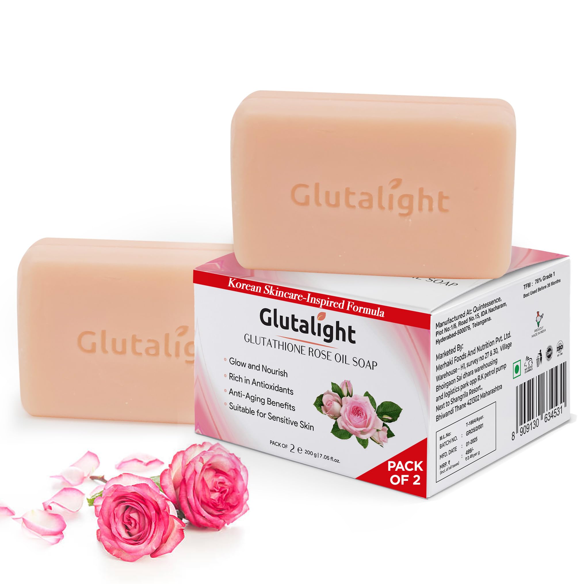 Glutalight Glutathione Rose Oil Soap | Korean Skincare Bathing Soap with Niacinamide, Vitamin C & Rosehip Oil | Fades Dark Spots & Hyperpigmentation | Anti-Aging & Skin Repair | Pack of 2