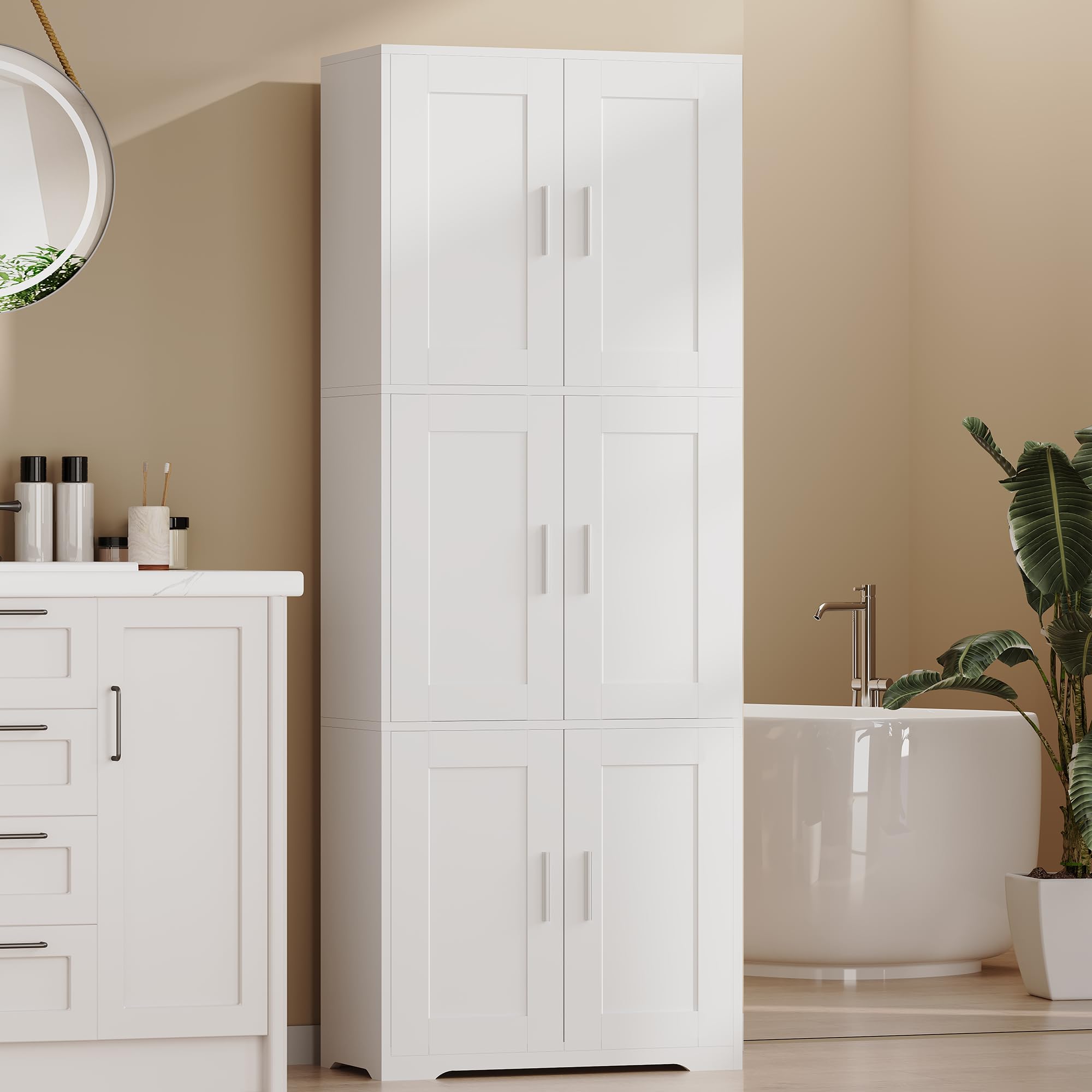 Armario de Baño de 6 Puertas, Armario de Baño de Columna Alta | Mueble de Baño con 3 Estantes Ajustables, Apto para el Baño, el Salón y la Cocina, Blanco, 30 × 60 × 170 cm, EXYYG023W