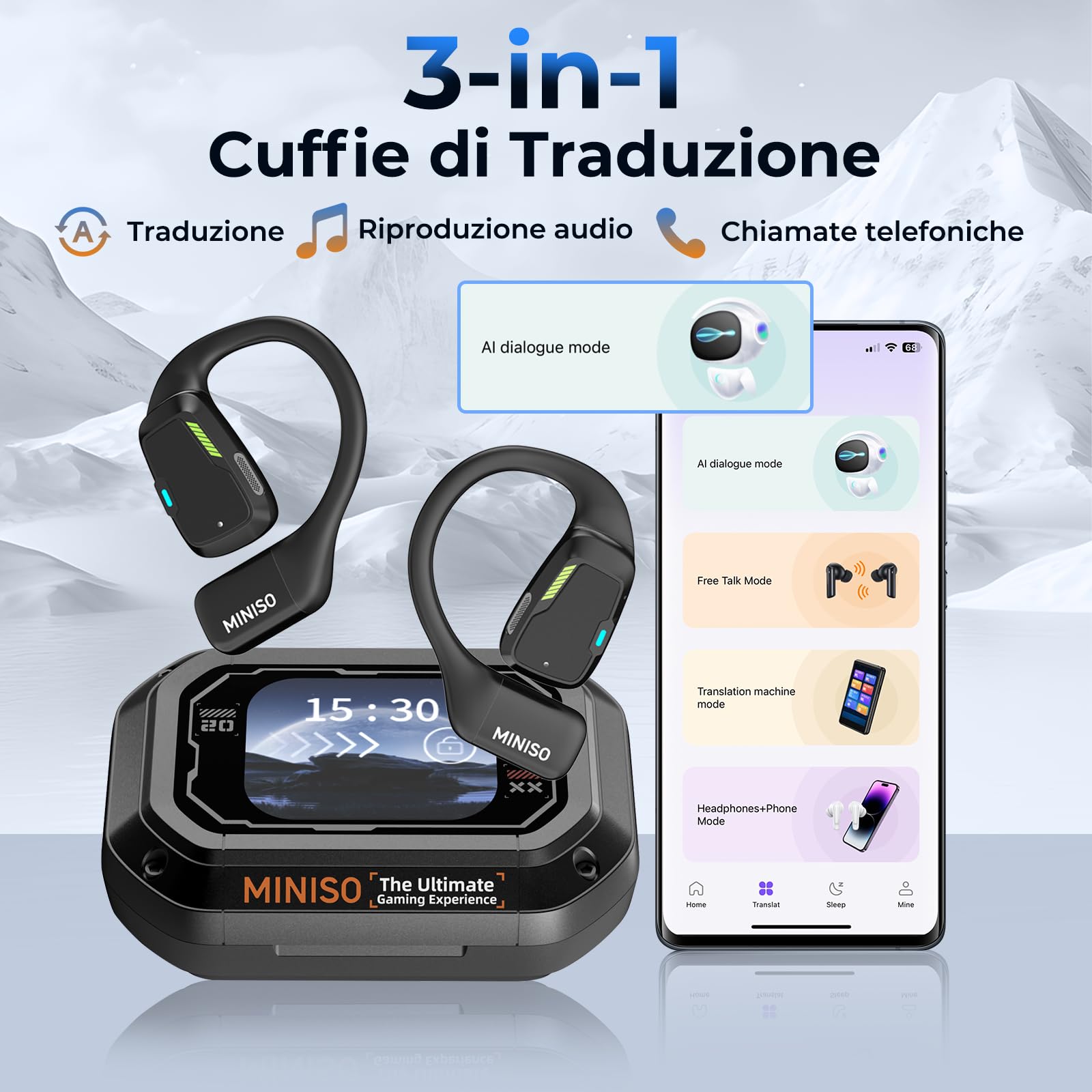MINISO M98 AI Traduttore Cuffie, Cuffie Traduttore 3-in-1 in Tempo Reale con App, Cuffie Traduttore con LCD Touchscreen per 134 Lingue, Traduttore Auricolari Open Ear per Apprendimento, Viaggi