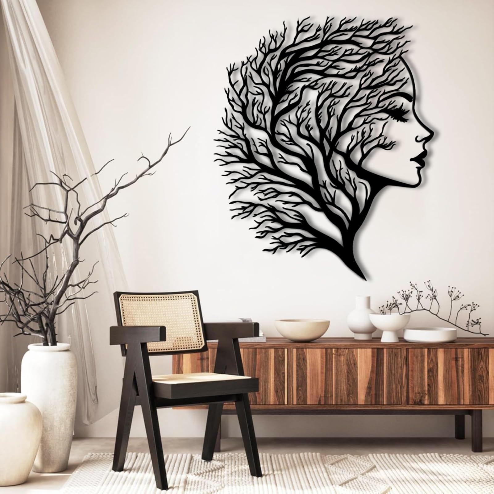 Abstract Face Metal Wall Art, Women Wall Art Decor Tree of Life, Metal Tree Branch Wall Art, Metal Wall Art for Living Room, Bed Room(Black,120x99 cm/