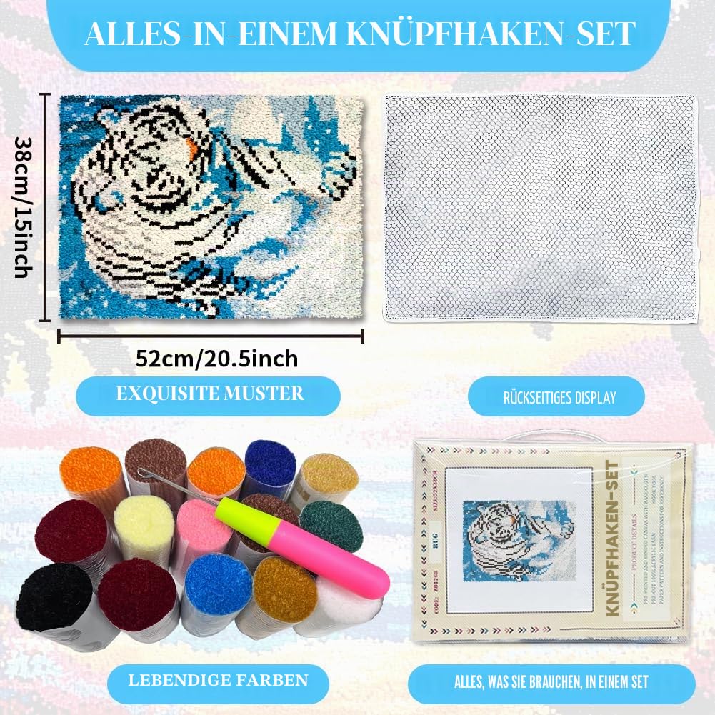 ORIGACH Weiße Tiger Knüpfteppich Zum Selber knüpfen Teppich Aus Farbgeprägtem Gitterstoff Teppich Set Für Erwachsene Heimdekoration Festivalgeschenke 52 x 38cm