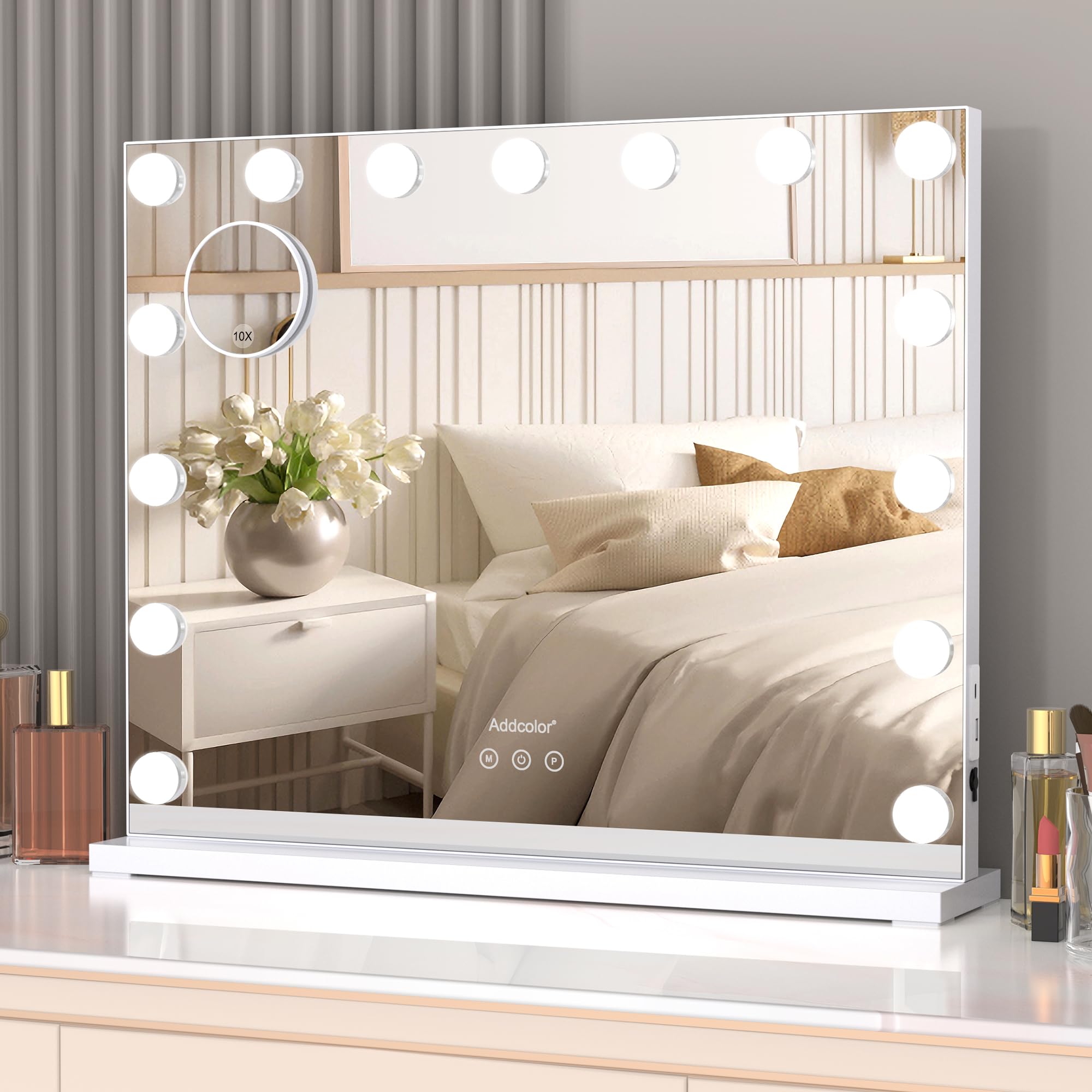 ADDCOLOR Hollywood Makeup Mirror with Light, Vanity Mirror with 15 LED Bulbs and USB Charging Port, 3 Adjustable Lighting Modes, Wall Mirror with 10 x Mirror (58 x 2.8 x 46 cm)