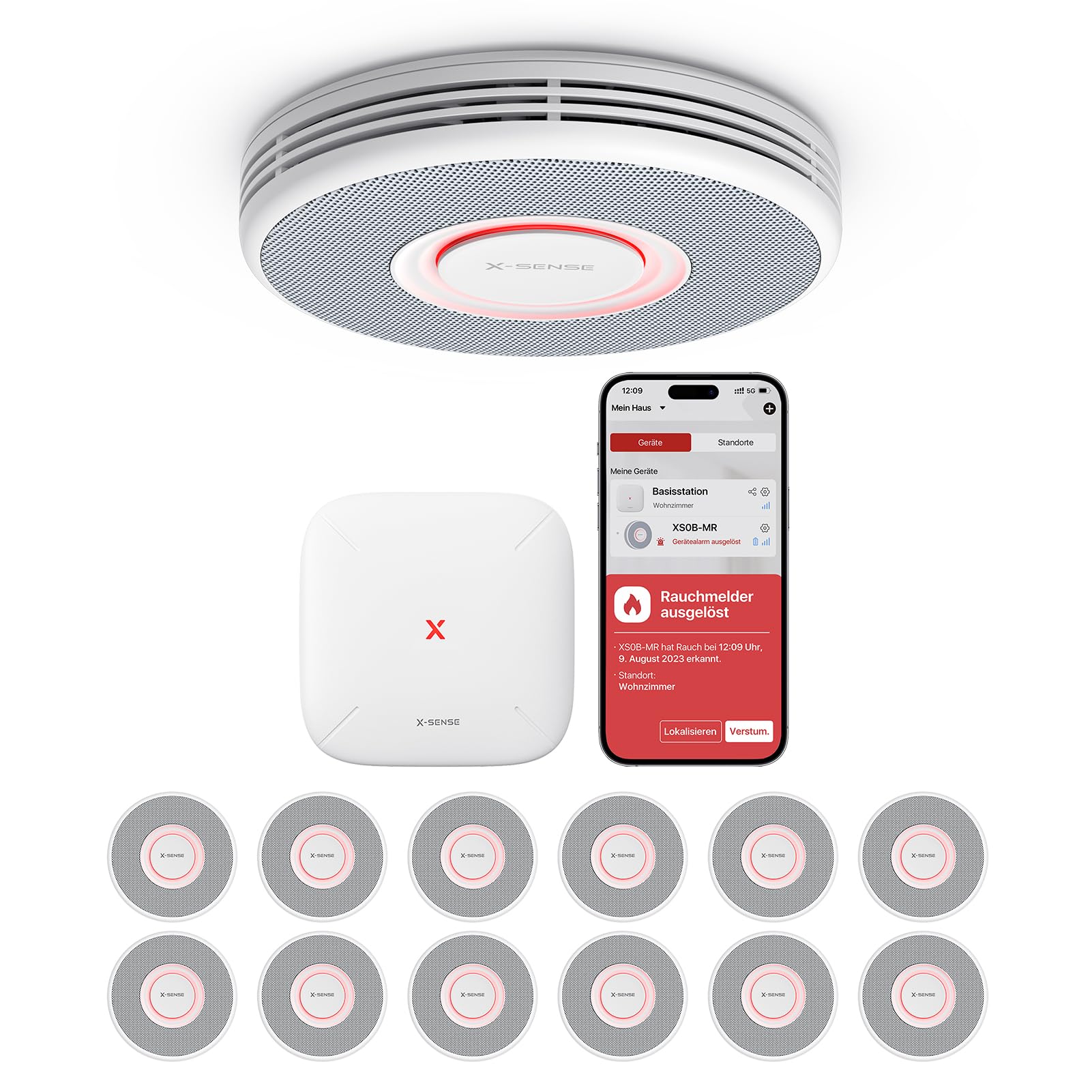 X-Sense Smarter Rauchmelder WLAN mit Sprachausgabe und 17 Standorten, Feuermelder, Rauchmelder vernetzt, 33 mm, Brandmelder mit SBS50 Basisstation, XS0B-MR121, 12 Stück