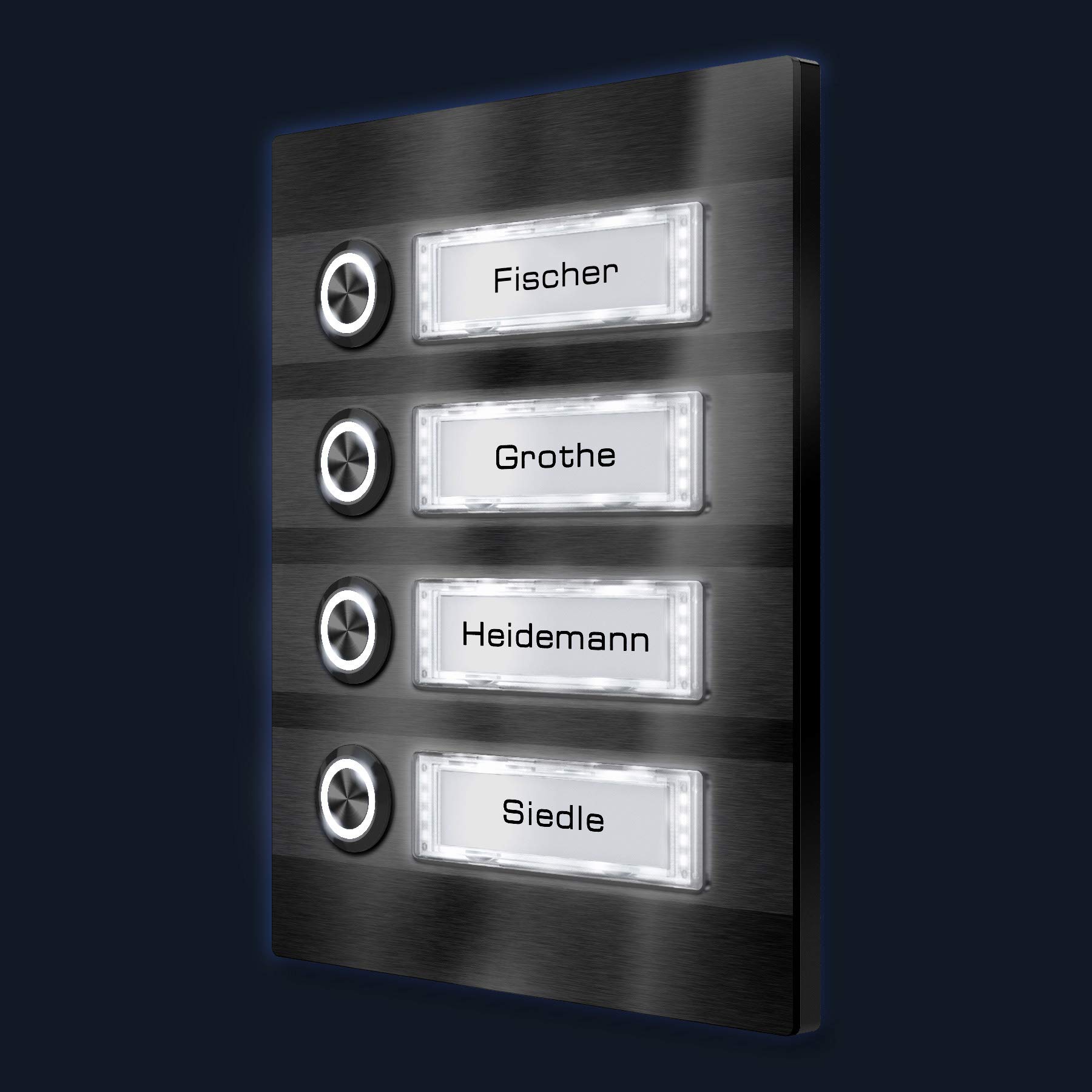 Metzler campanello da parete acciaio inox V2A 4 pulsanti targhette nome intercambiabili illuminazione LED opzionale montaggio a muro design moderno resistente alle intemperie casa condominio