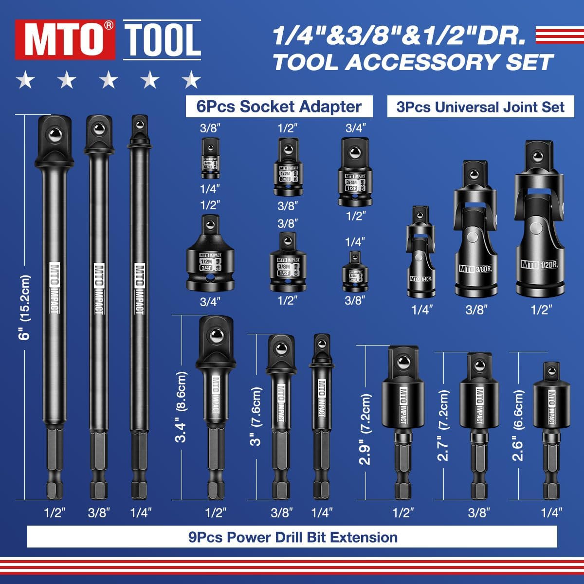 MTO 18-Piece Impact Socket Adapter & Universal Joint Set, 1/4", 3/8" & 1/2" Drive Hex Shank Drill Bit with Standard, Long & Swivel Types, for Impact Wrench & Driver