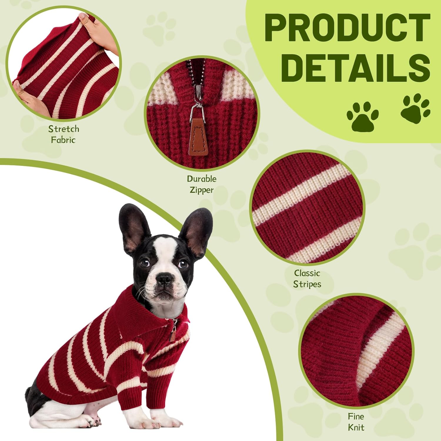 Small Dog Sweater with Zipper, Knitted Striped Pullover Dog Clothes for Cold Weather, Thick Warm Cozy Stretchy Sweater for Chihuahua, Bulldog, Dachshund, Pug(Red & White Strip, XXL)