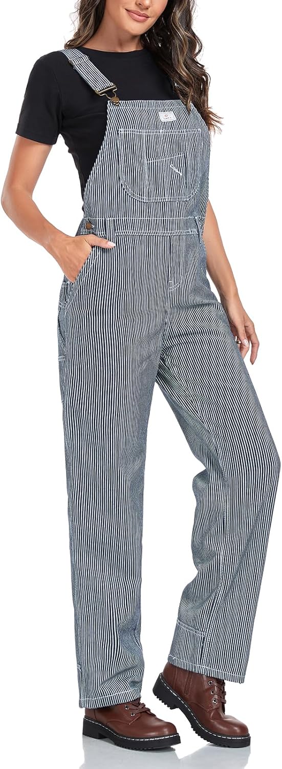 HISEA Women's Hickory Stripe Bib Overalls, Womens Relaxed Fit Overalls with Adjustable Straps and Convenient Tool Pockets - Image 2