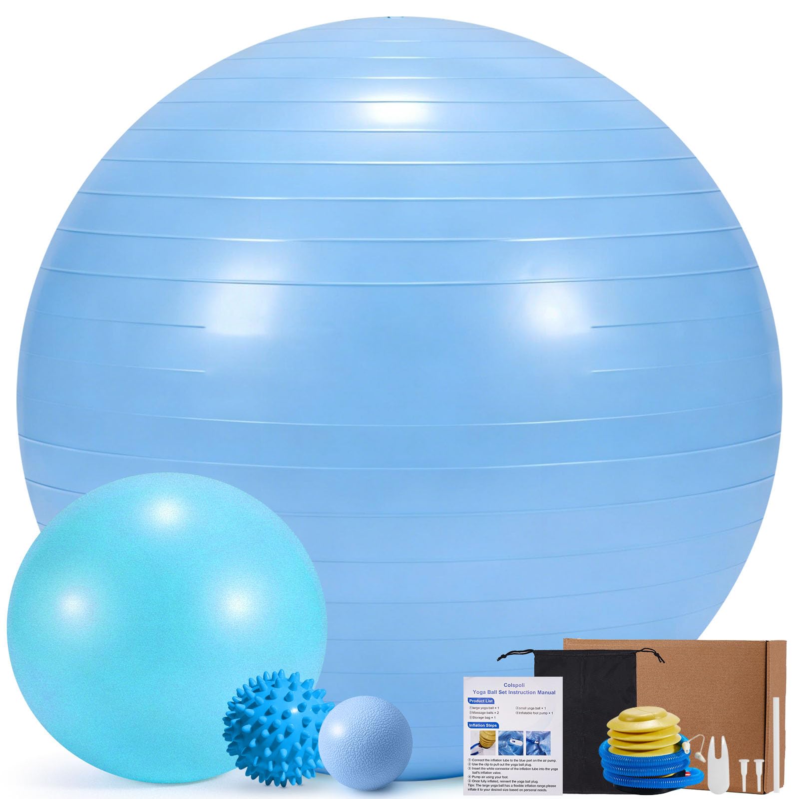 4Pcs Yoga Ball Set includes Large and 9in Pilates Balls, Massage & Spiky Ball for Fitness ,Anti-Burst Exercise Ball with Pumb for Pregnancy,Physical Therapy,Office Chair, Home Workout,3Sizes,Blue