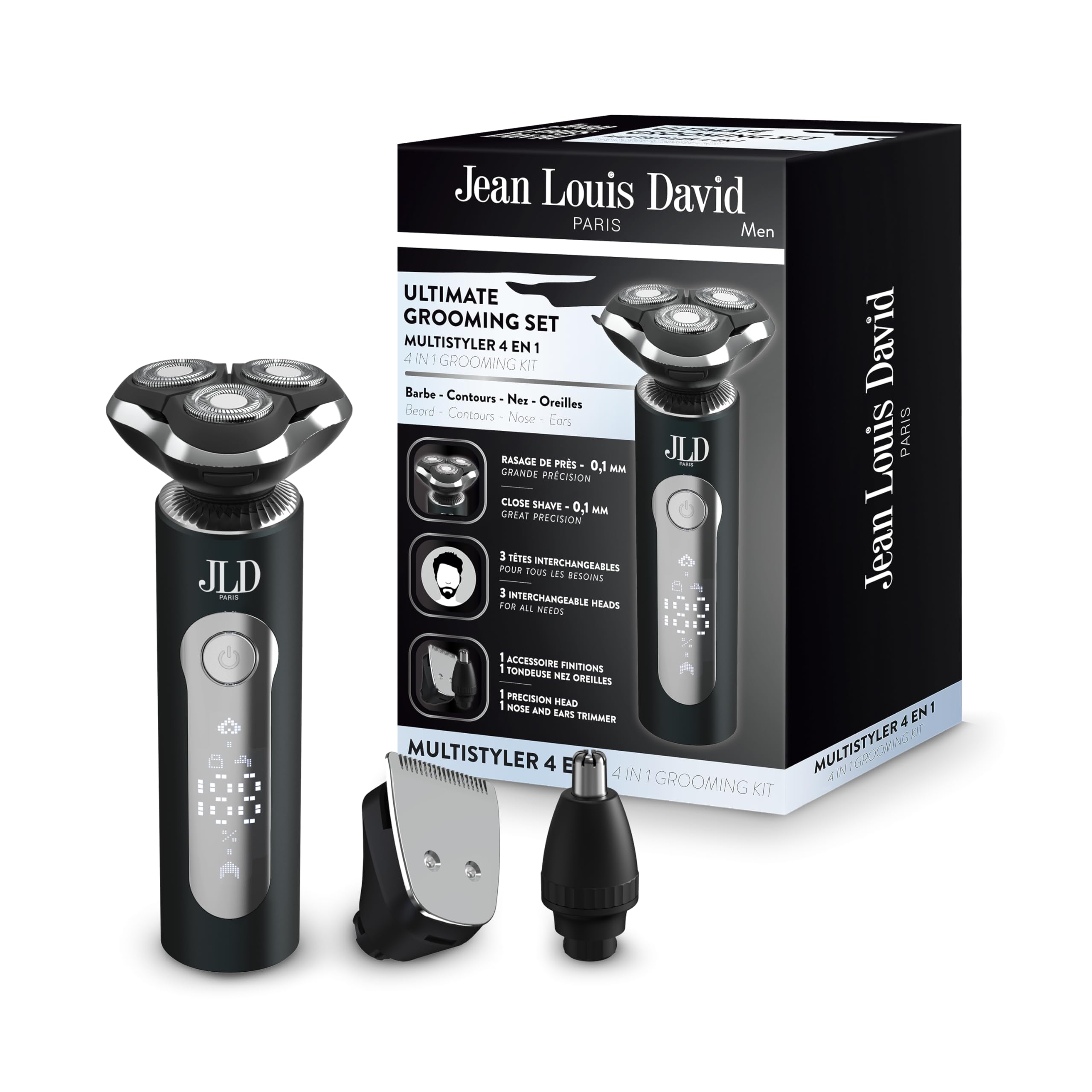 Jean Louis David Elektrischer Bartrasierer 4 in 1 – 0,1 mm Rasur – Nase, Ohren und Oberflächen – präzise schwimmende Köpfe – wiederaufladbarer Lithium-Akku USB-C – Komplett-Set Grooming Herren