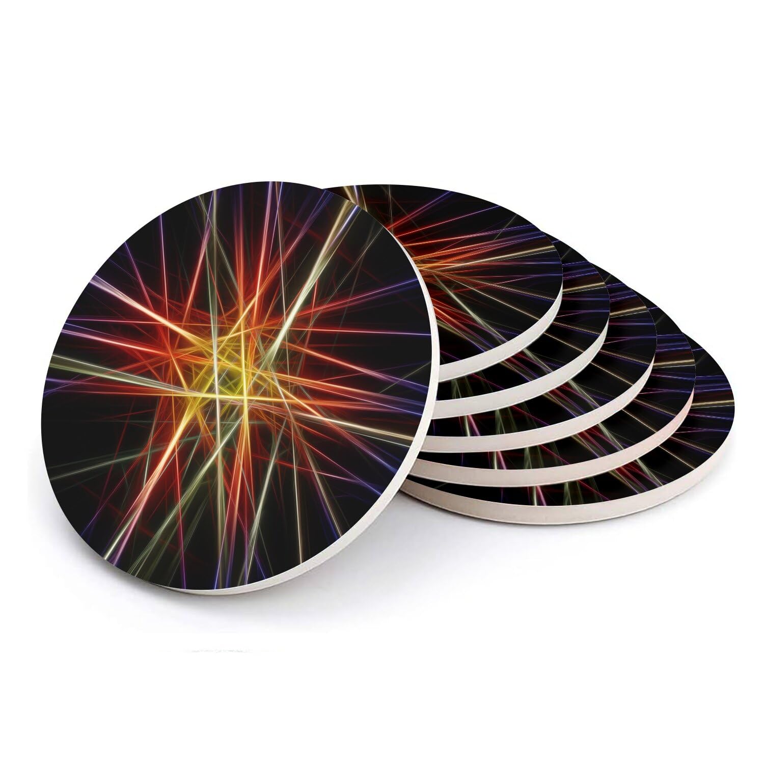 Sous-verre ronds en céramique motif multicolore abstrait pour protection de table 6 pièces