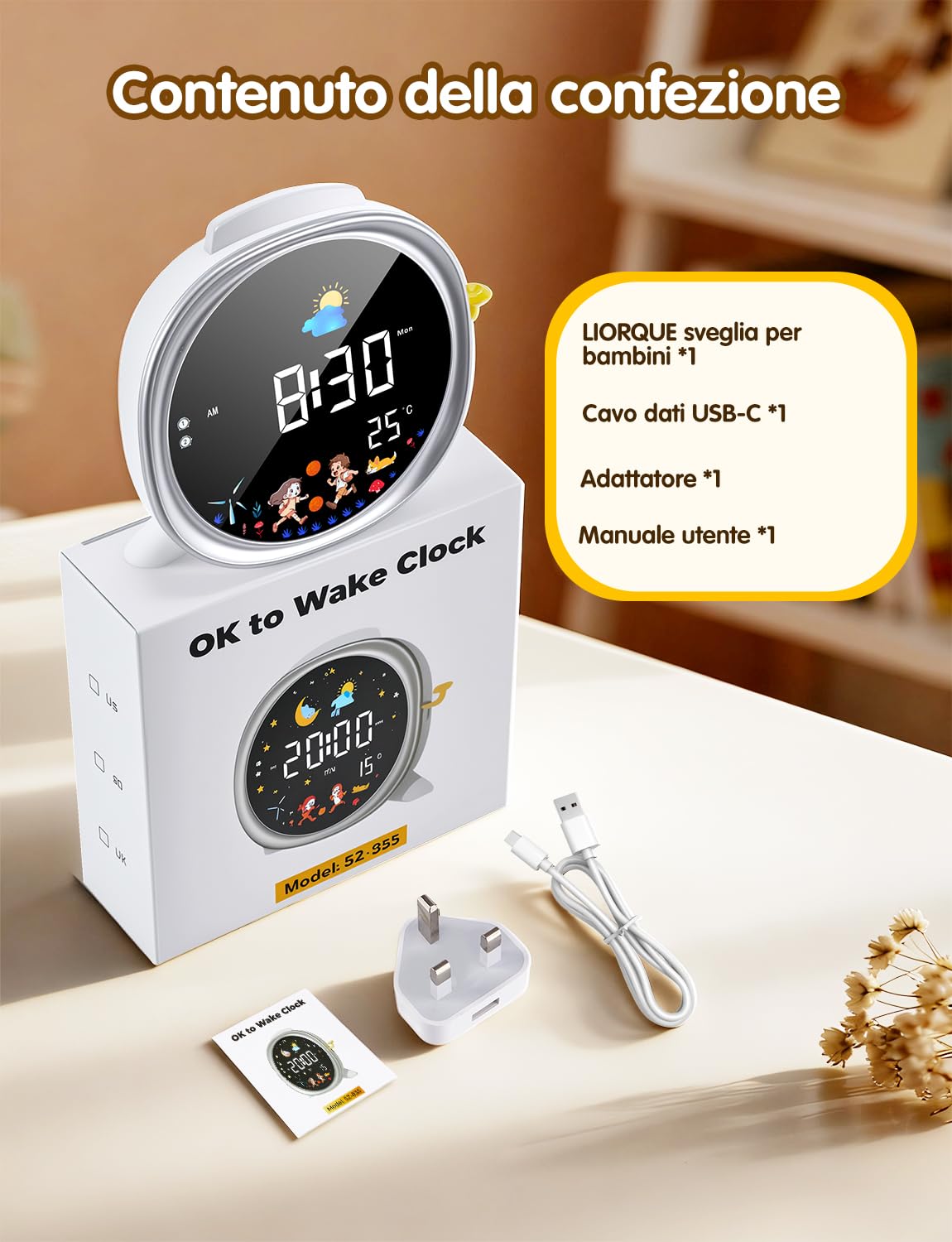 LIORQUE Sveglia Digitale per Bambini, Sveglia Bambini, 5 Suoni, Luce Notturna Regolabile, Display LCD con Modalità Sole e Luna, Doppia Allarme, Alimentazione USB, per Bambini e Bambine