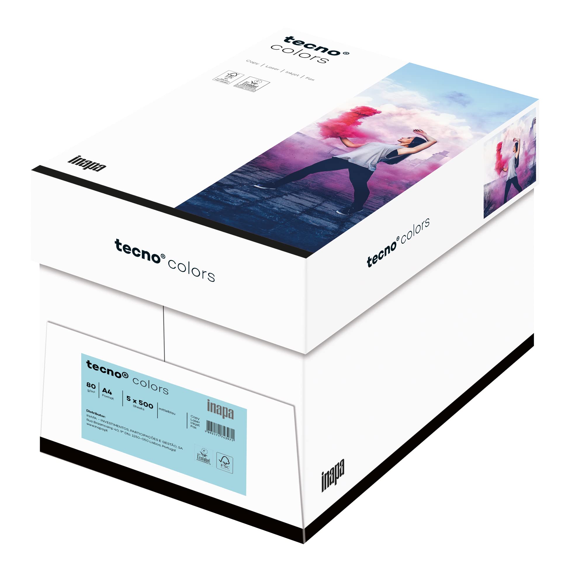 inapa farbiges Druckerpapier, buntes Papier tecno Colors: 80 g/m², A4, 2.500 Blatt (5x500), mittelblau