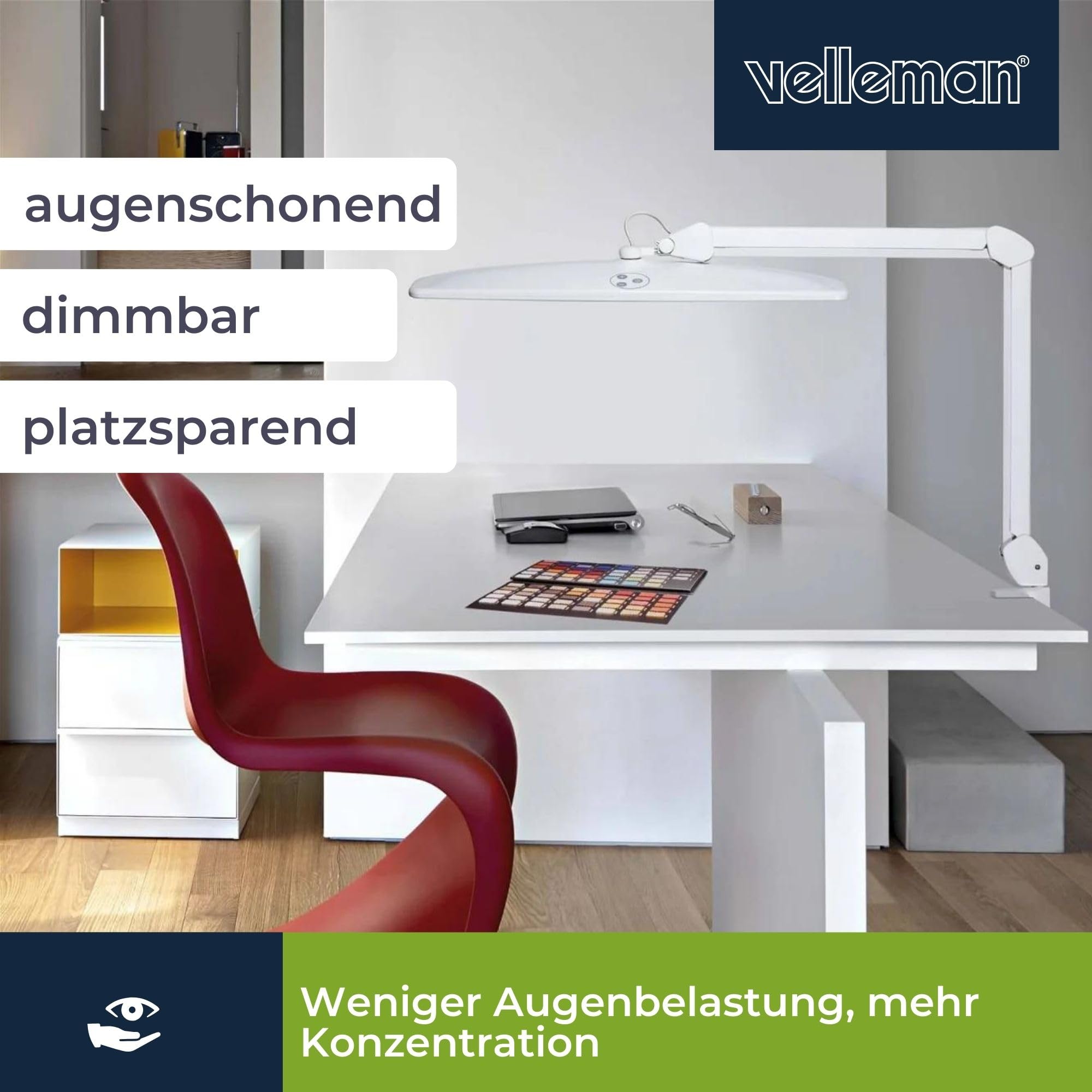 Velleman led schreibtischlampe mit klemme, schwenkarm, dimmbar, 84 leds, 58 cm breit, 21W, 6500K, 2000 lumen, hoher cri, energieeffizient, modernes design, weiß