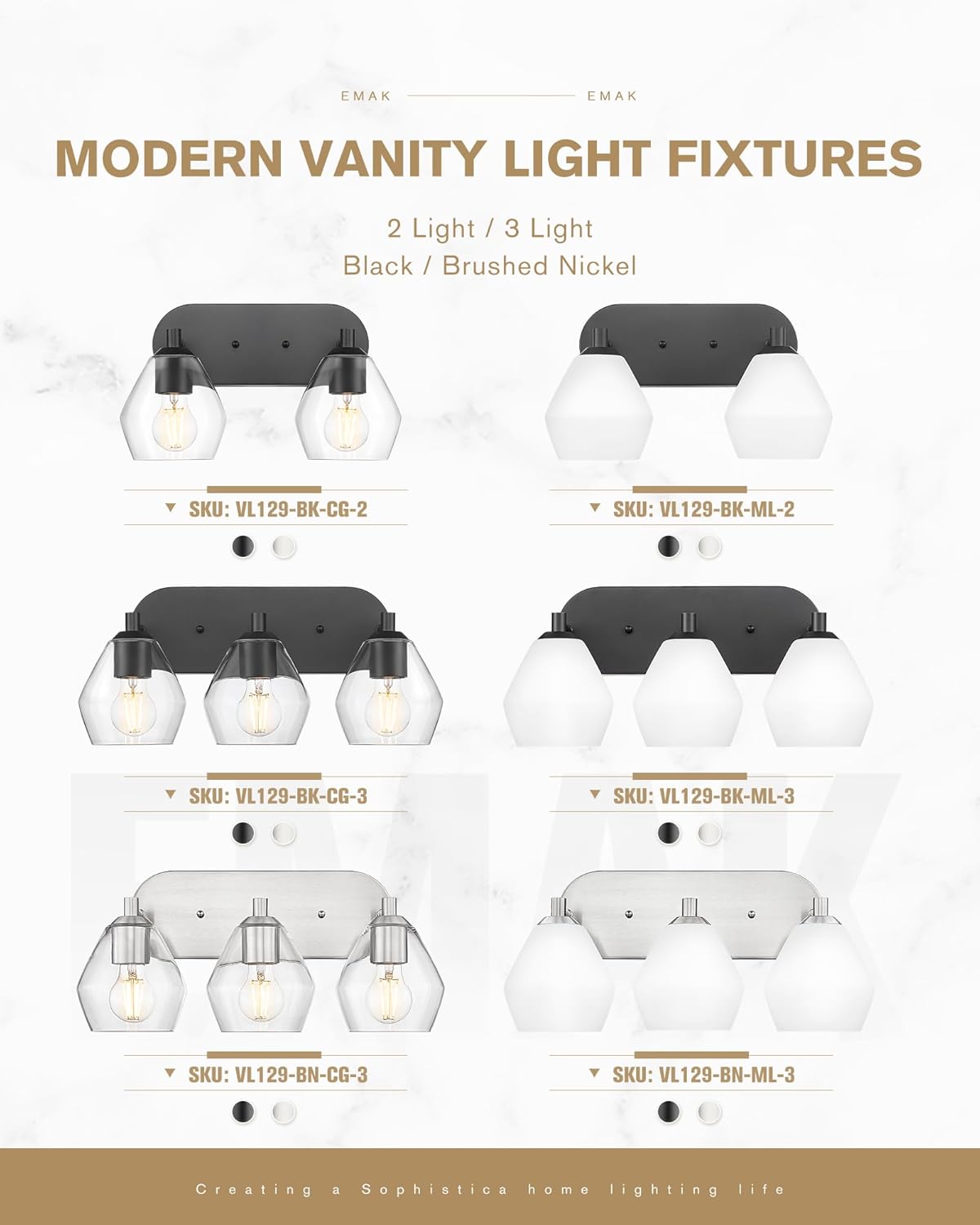 Emak Black Bathroom Lighting Fixtures Over Mirror, Modern Bathroom Vanity Light with Clear Glass Shade, 3-Light Vanity Lights for Mirror, Bath, VL129-BK-ML-3