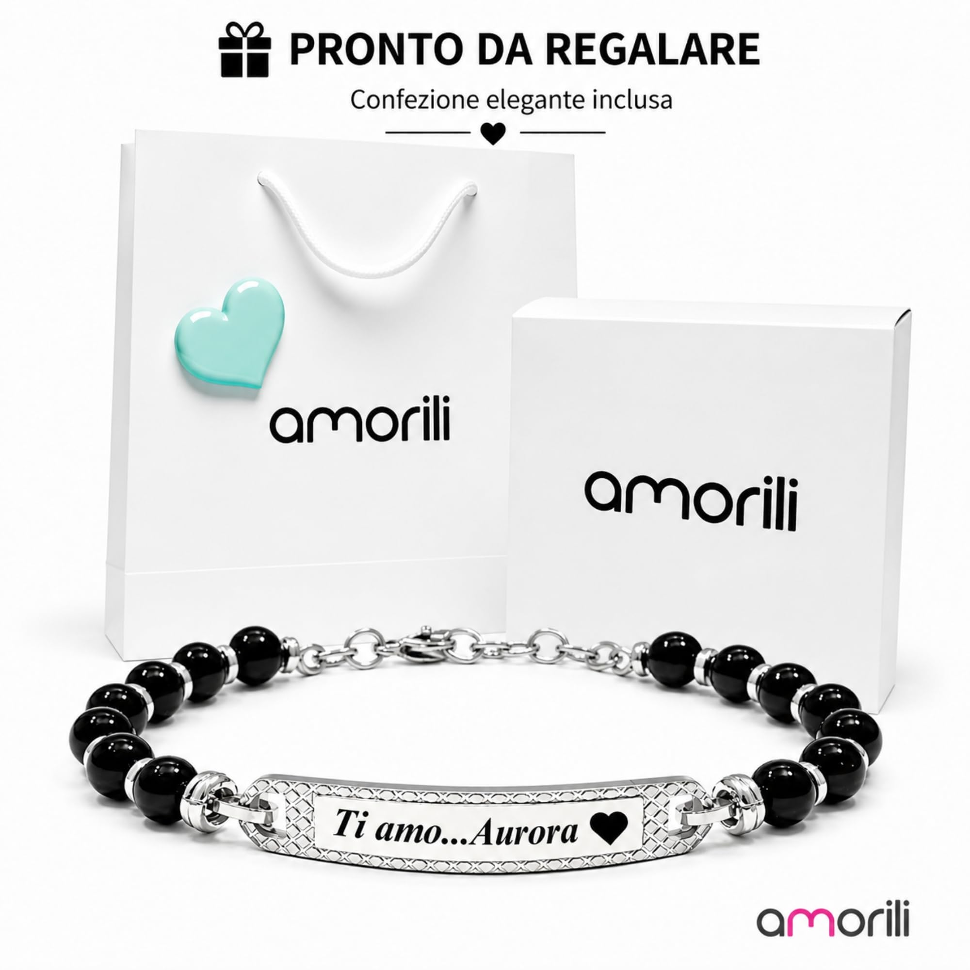 Bracciale Uomo Personalizzabile con Incisione in Acciaio Inox e Pietre Dure Onice Nera – Gioiello Maschile Personalizzato con Frasi e Date – Idea Regalo Uomo