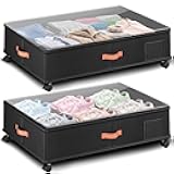 Under Bed Storage with Wheels 2-Pack – 66L XXL Larger Stackable Under Bed Storage Containers with Clear Window & Labels, Rolling Under Bed Drawers for Clothes, Shoes, Blankets (Dark Grey)