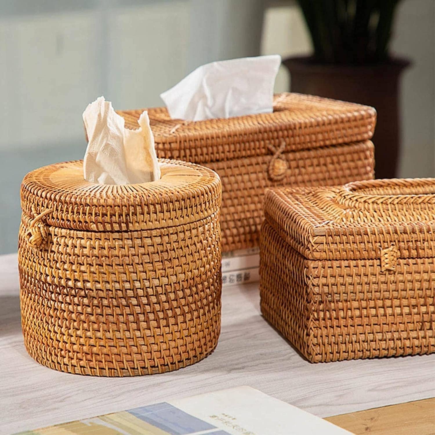 Pudełko na Chusteczki Nawilżane, Skrzynka na tkankę Okrągły Rattan Tissue Box Vine Roll Holder Papier WC Dyspensator do domu Sypialni i Salonu